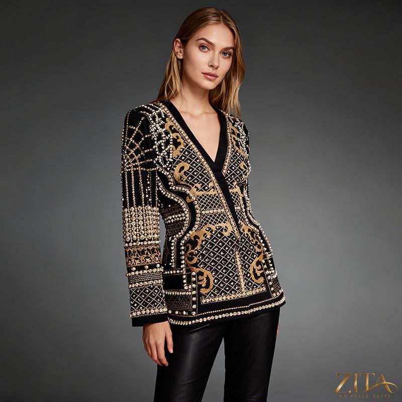 Zita La Belle Elite pearl-bead printed petite blazer for women, showcasing a tailored blazer with elegant pearl bead details.