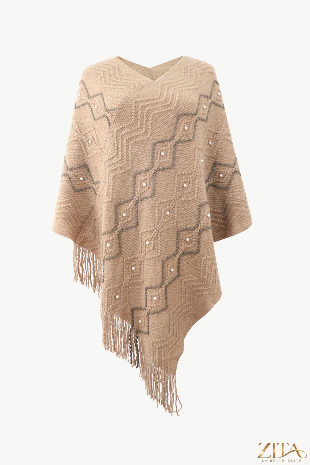 Pearl trim V-neck fringe hem poncho by Trendsi, featuring lightweight fabric with elegant pearl accents and stylish fringe detail.