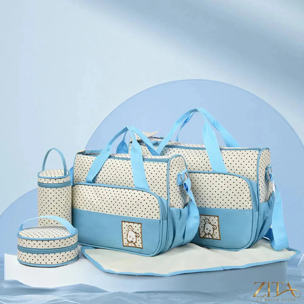 Zita La Belle Elite Oxford cloth contrast 4-piece bag set with multiple bags in black and beige fabric, featuring handles and zipper closures.