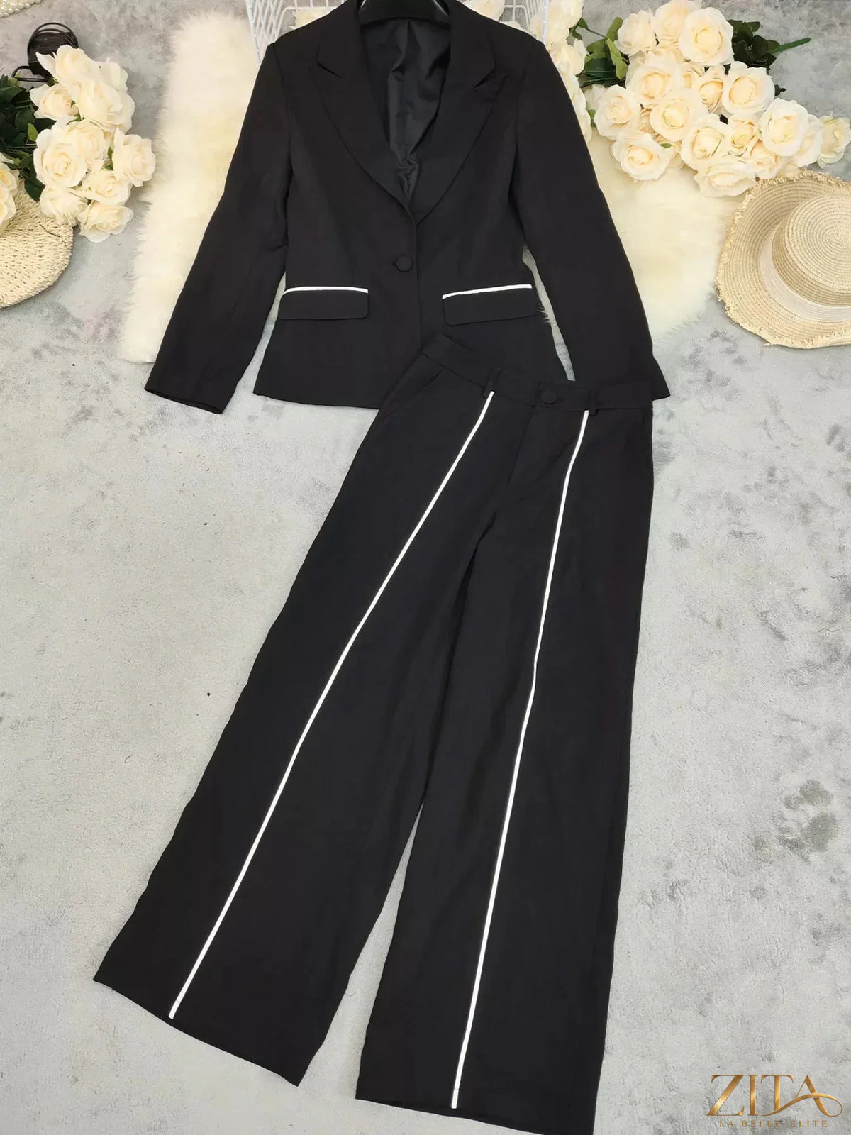Zita La Belle Elite contrast trim blazer and wide-leg pants set, tailored fit with stylish detailing, on a neutral background.