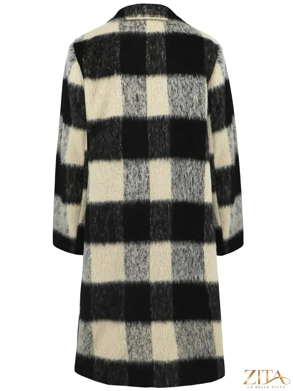Zita La Belle Elite plaid double-breasted long sleeve coat with a stylish checkered pattern and classic collar detail