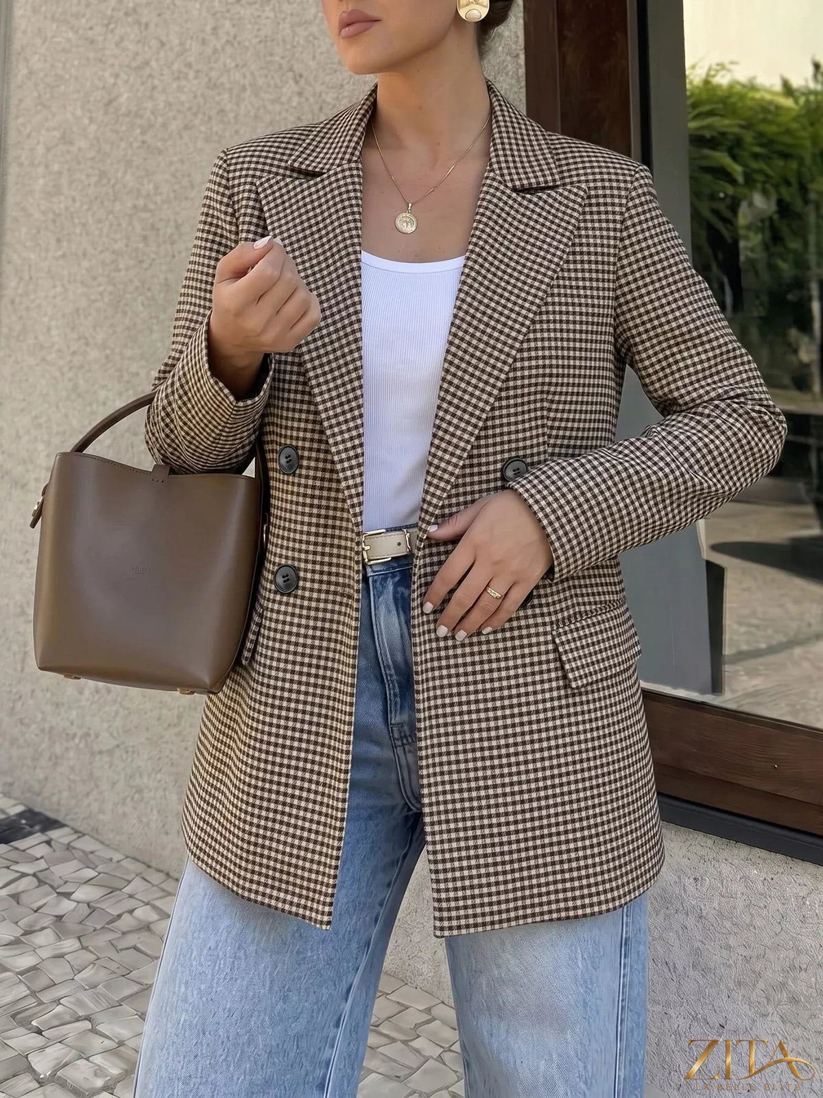 Zita La Belle Elite plaid lapel collar double-breasted blazer shown in a stylish tailored fit with classic pattern and structured design.