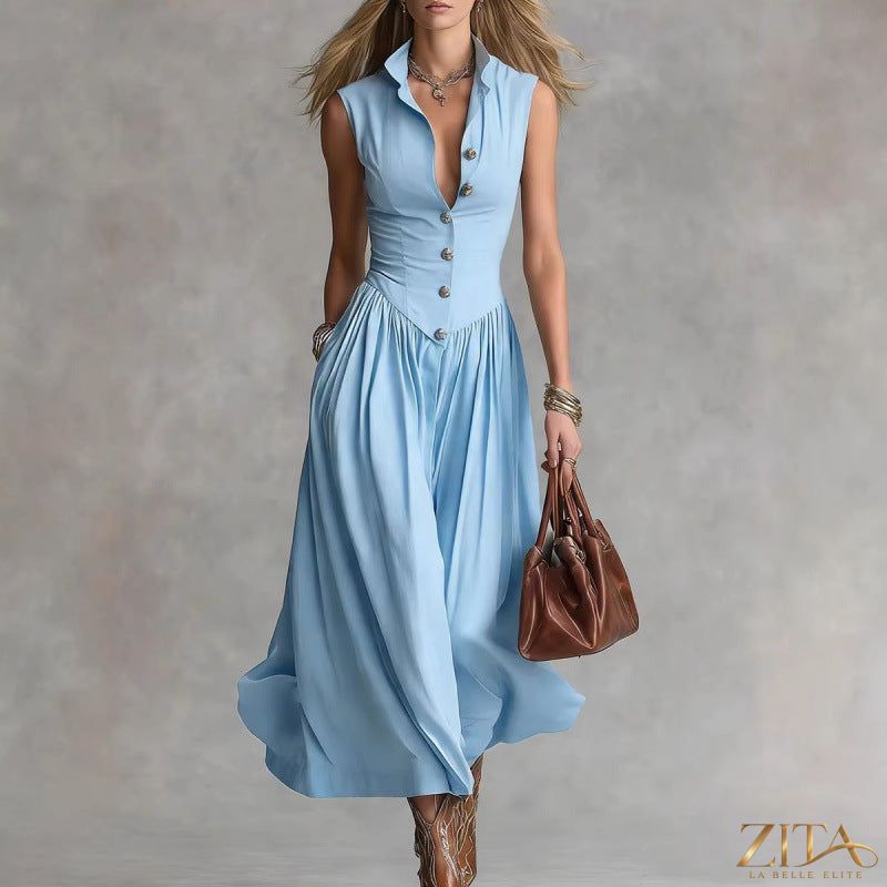 Women's sleeveless maxi dress with lapel collar and patchwork design by Zita La Belle Elite, casual slim fit style.