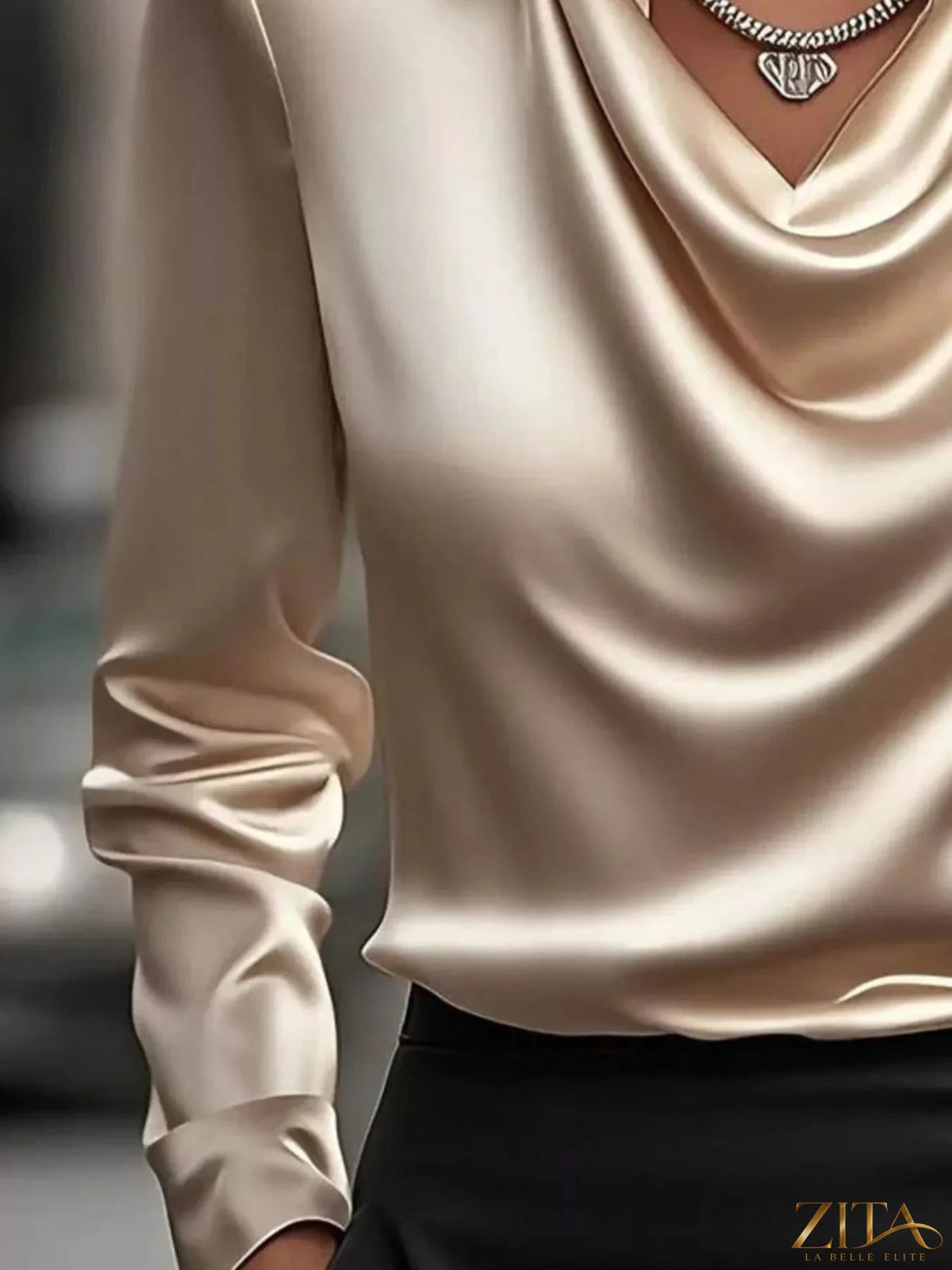 Plus size satin cowl neck long sleeve blouse by Zita La Belle Elite, shown in a full size, elegant and smooth fabric.