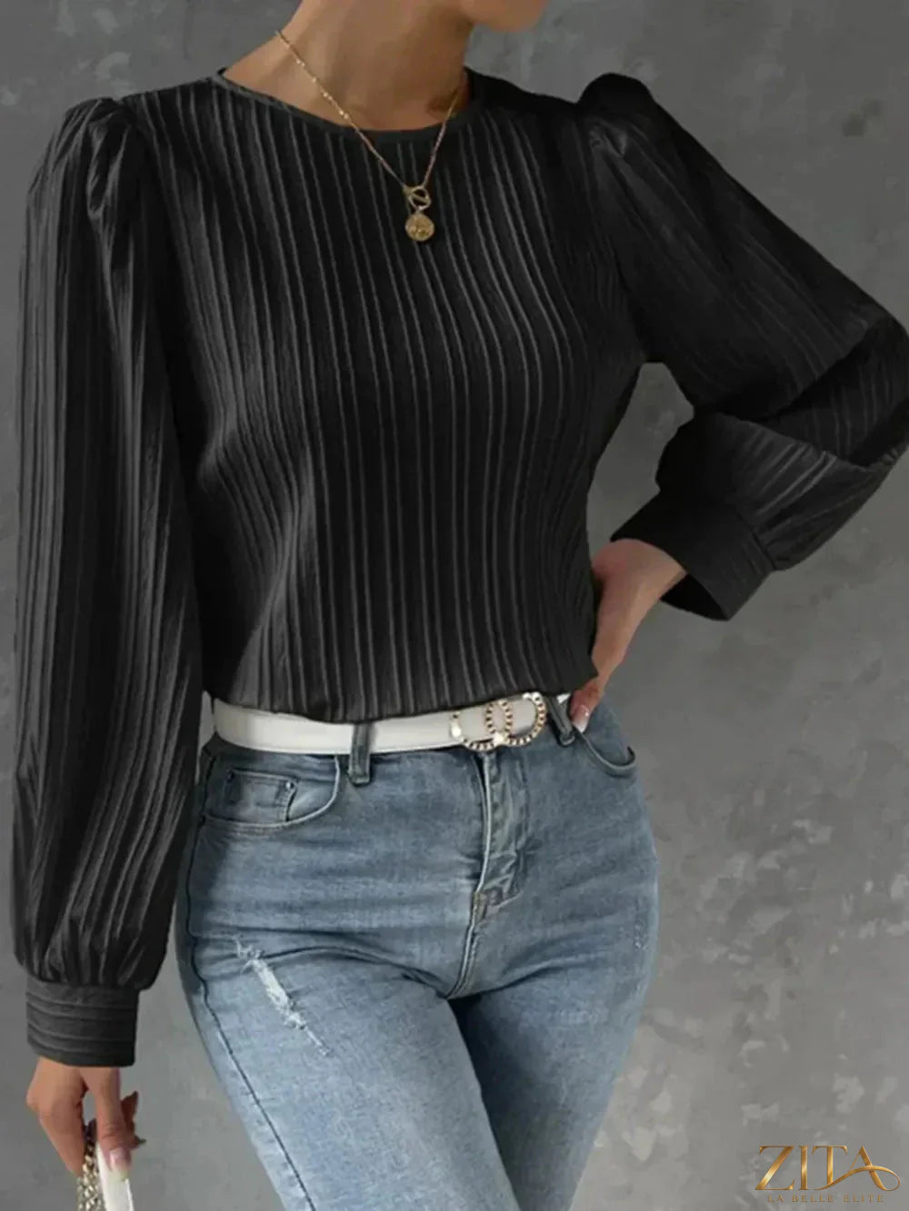 Zita La Belle Elite round neck long sleeve blouse in soft fabric, displayed on a hanger with a neutral background.