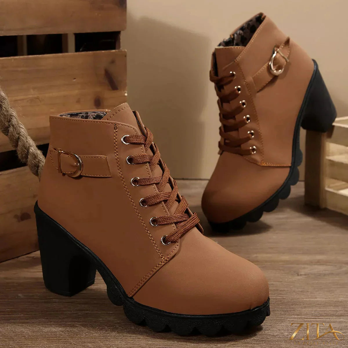 Zita La Belle Elite lace-up buckle chunky heel ankle boots with rugged soles and stylish design, shown from a side view.