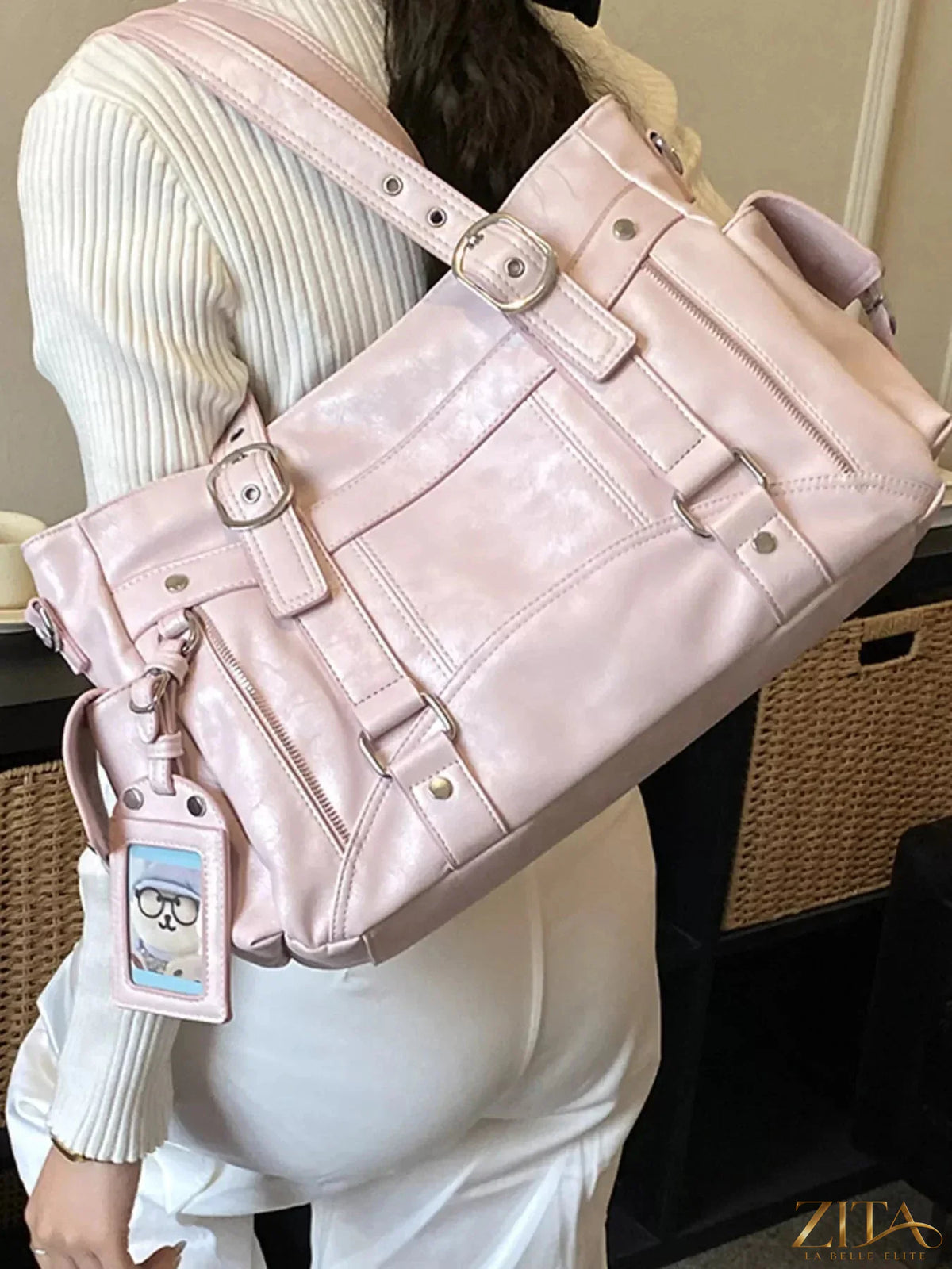 Zita La Belle Elite Buckle Decor Shoulder Bag with stylish buckle design and adjustable shoulder strap, black leather material.