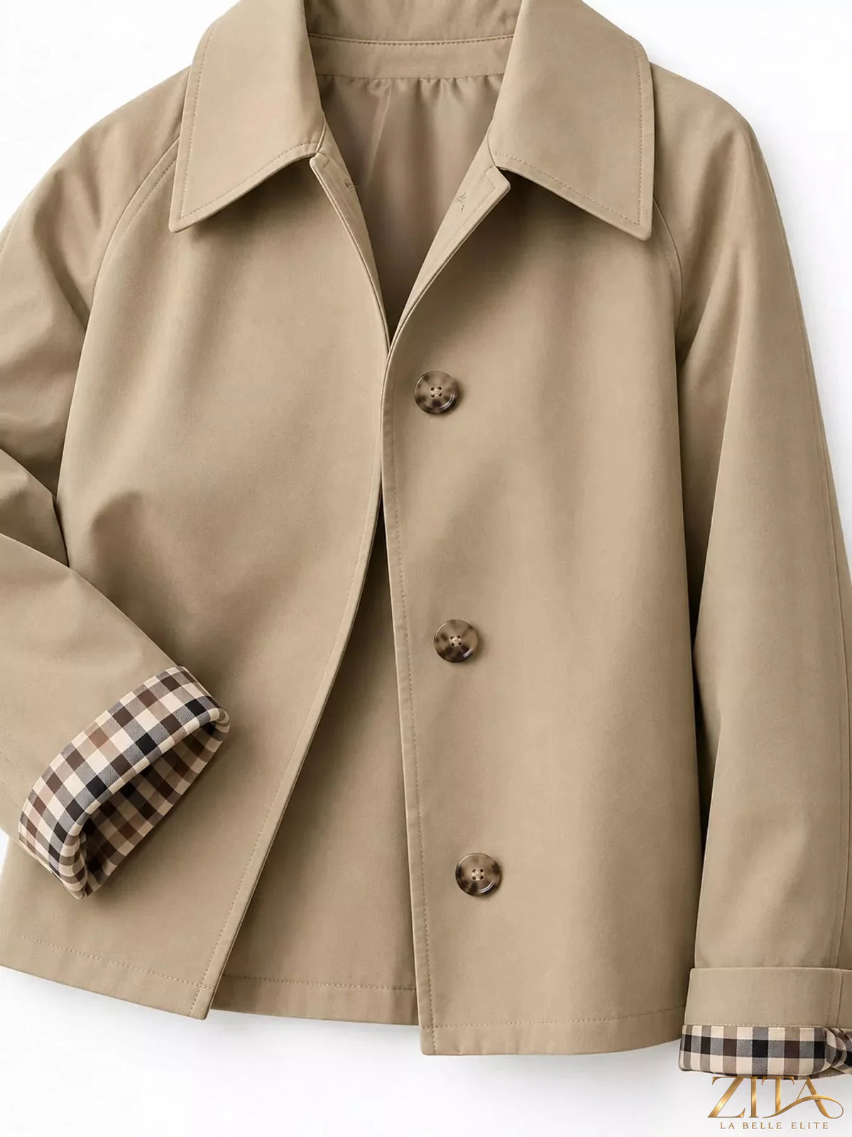 Zita La Belle Elite plaid cuffs cropped trench coat with stylish checkered pattern and button details, fashion outerwear for women.