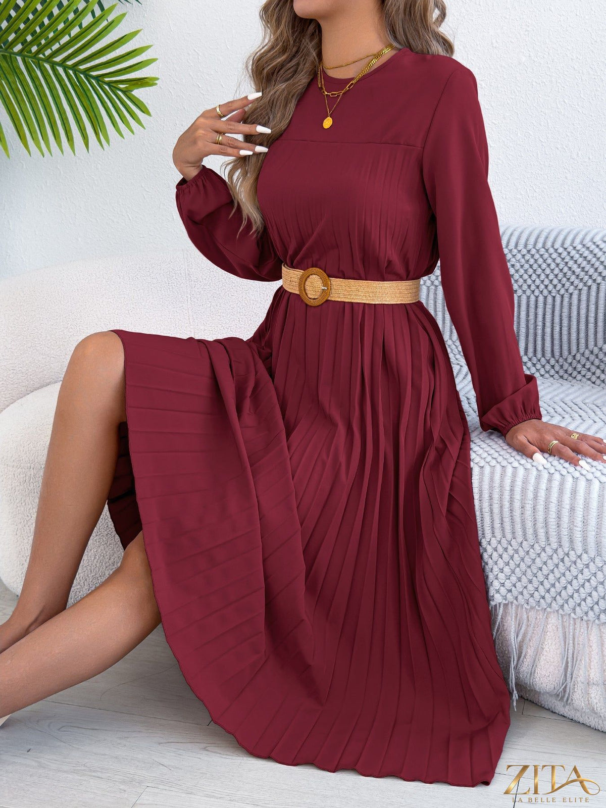 Zita La Belle Elite pleated A-line midi dress in soft fabric, flowing design with waist seam and elegant midi length.