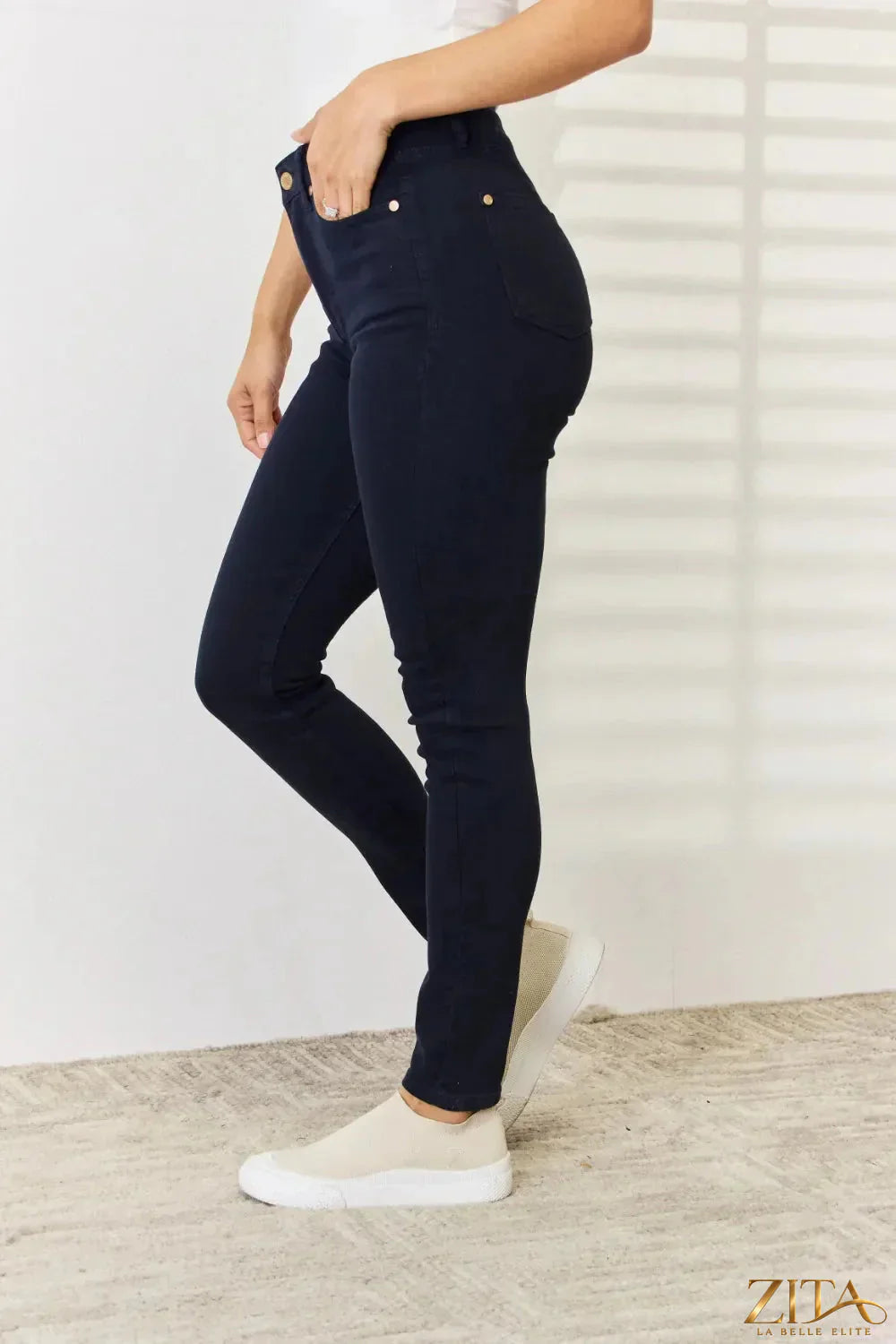 Zita La Belle Elite Judy Blue full-size garment dyed tummy control skinny jeans on a model, showcasing a fitted denim look