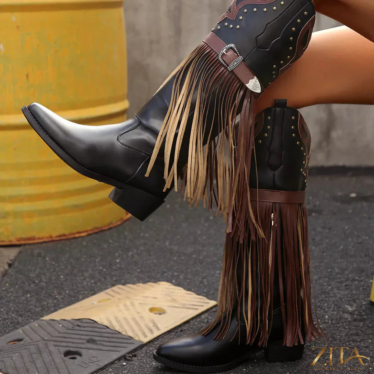 Zita La Belle Elite fringe block heel boots featuring stylish fringe details and a chunky heel, perfect for casual or dressy outfits.