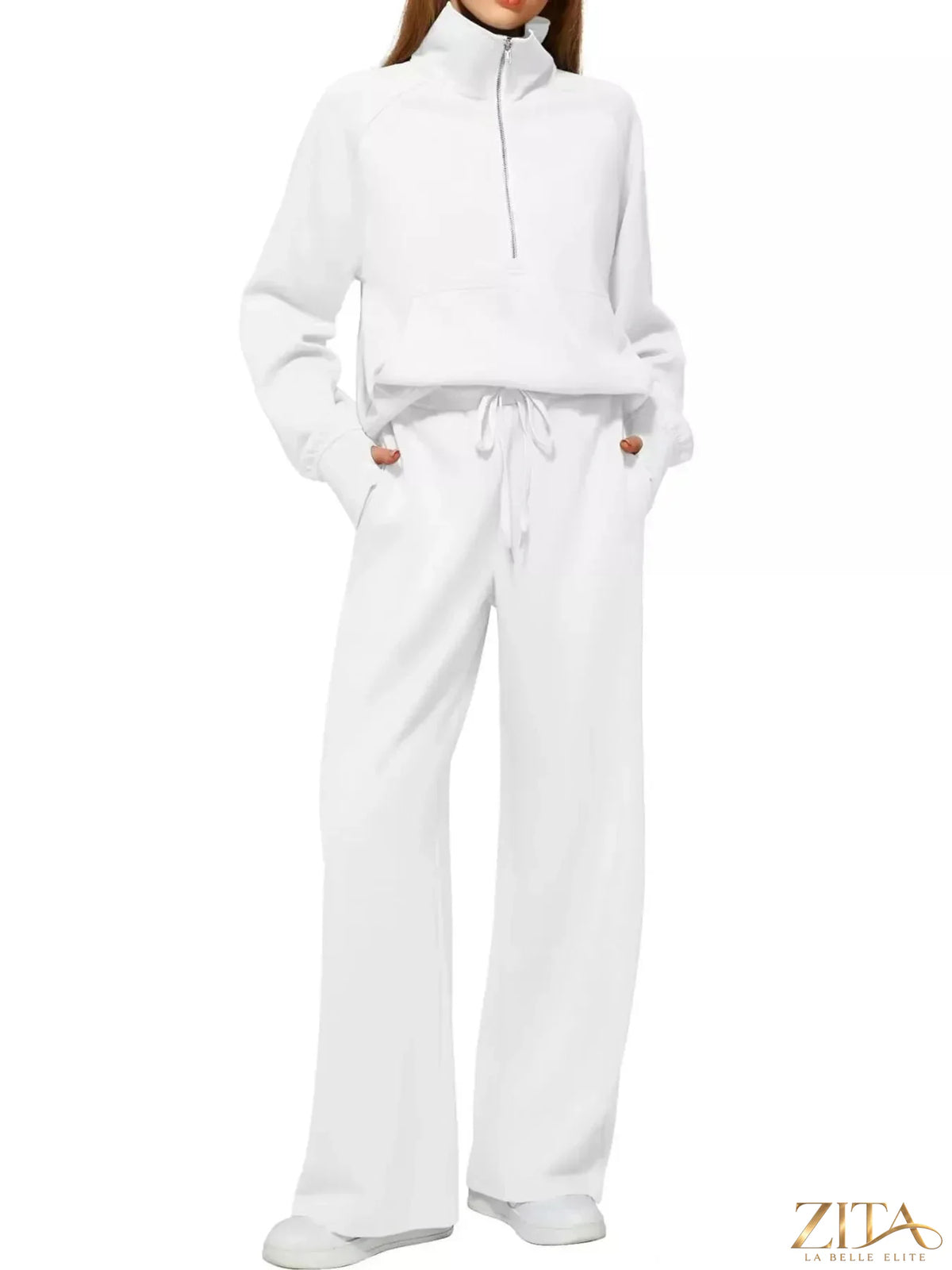 Zita La Belle Elite half-zip sweatshirt and wide-leg pants set in soft fabric, shown in a relaxed fit with neutral color.