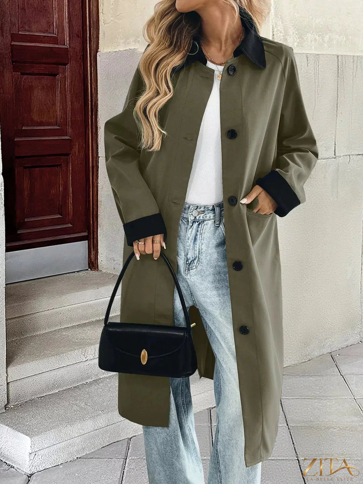 Zita La Belle Elite contrast collar button-up coat featuring a tailored design and classic silhouette in neutral fabric.