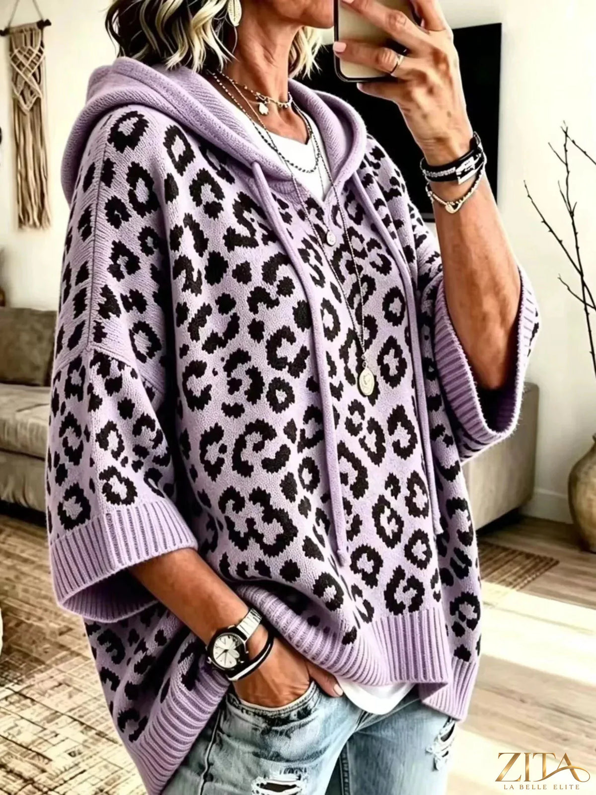 Zita La Belle Elite leopard print hooded sweater with drawstring, cozy and stylish for casual wear.