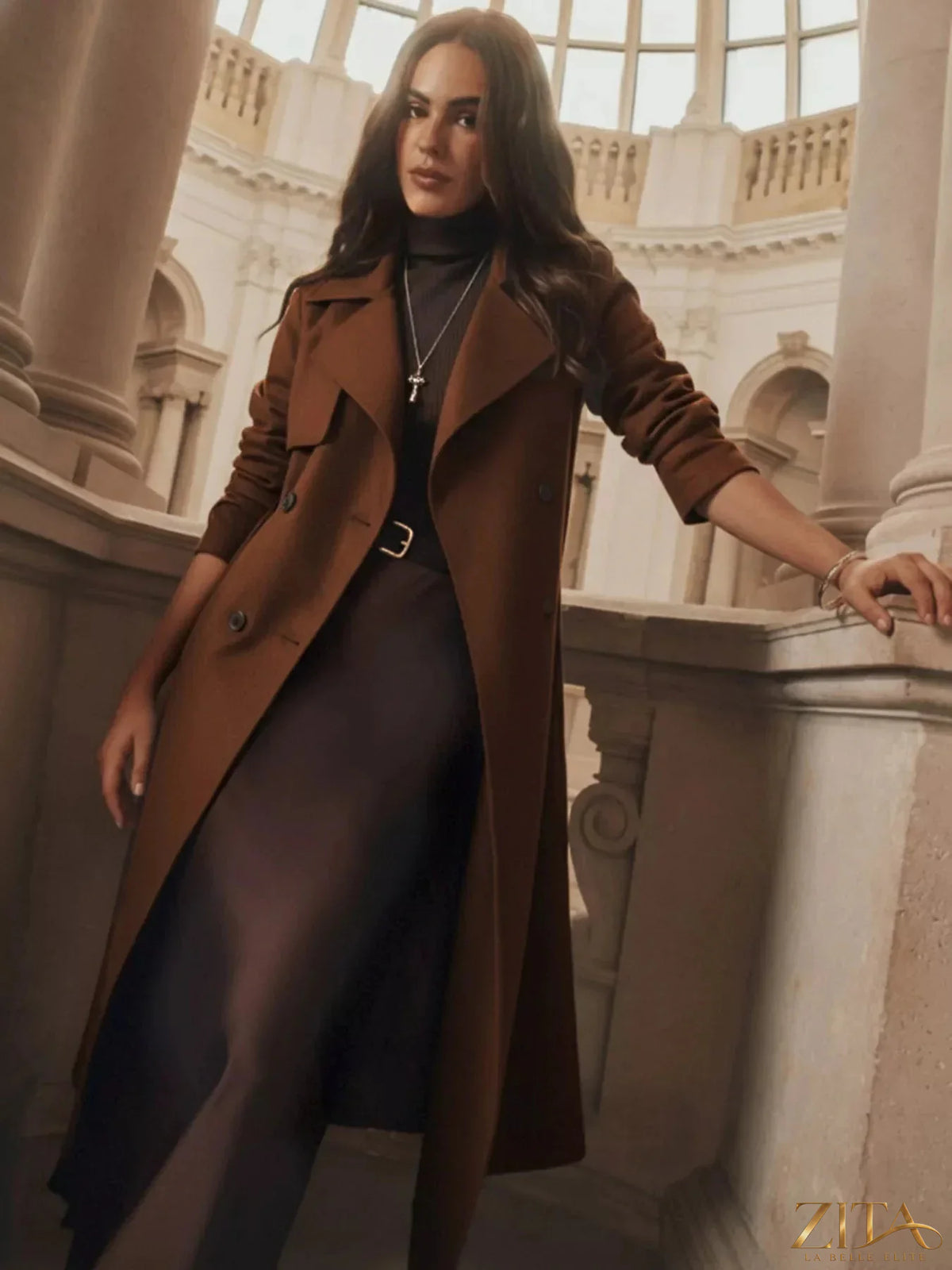 Zita La Belle Elite wool blend coat with lapel collar and belted waist, stylish outerwear for cold weather.