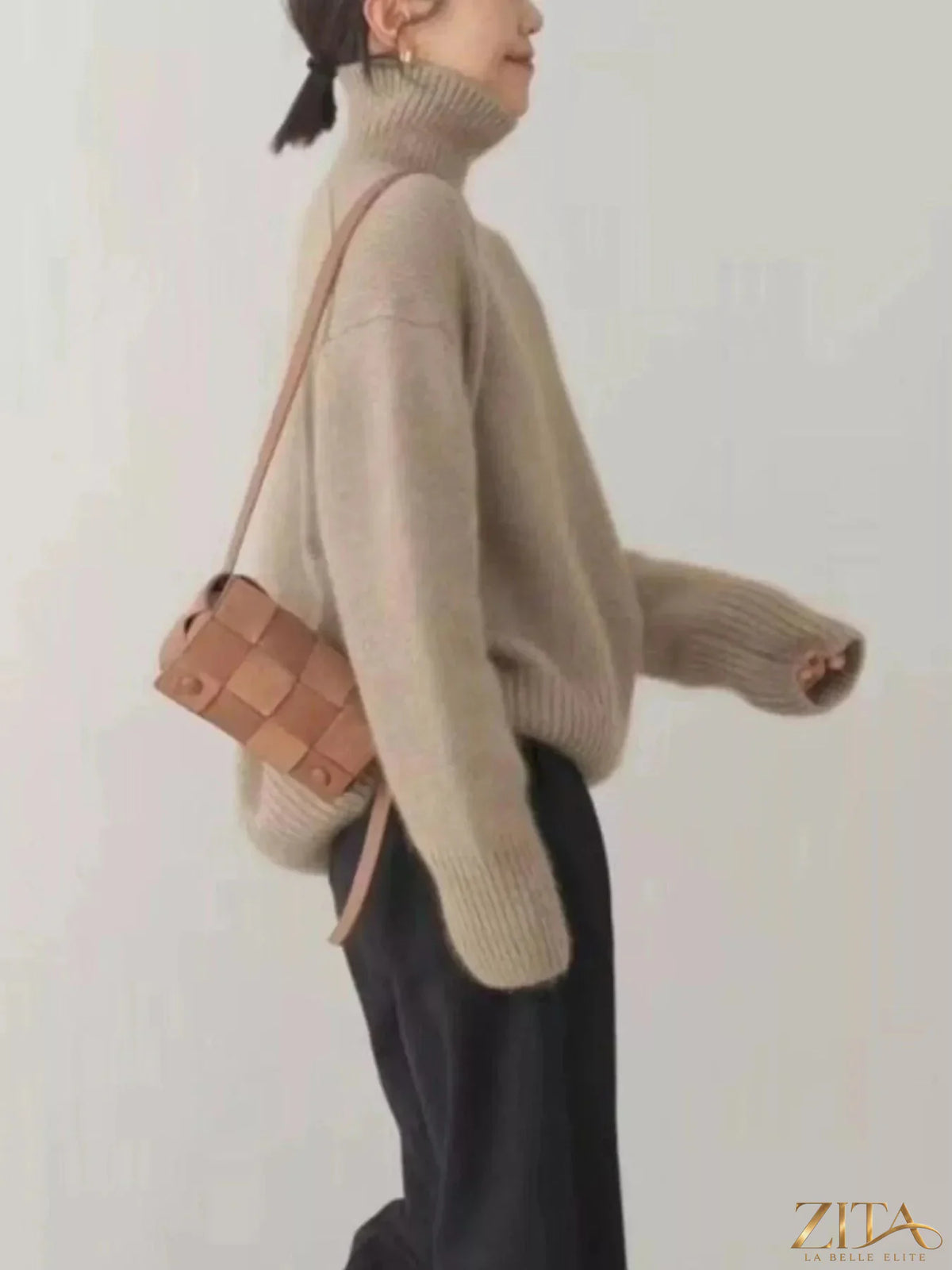 Zita La Belle Elite turtleneck dropped shoulder sweater in soft knit fabric, featuring a relaxed fit and cozy design.
