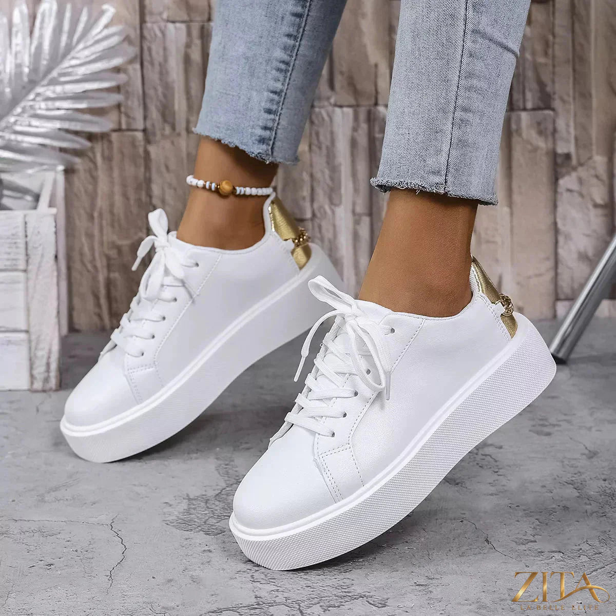 Zita La Belle Elite round toe platform sneakers with chunky soles and lace-up design, casual footwear for fashionable street style.