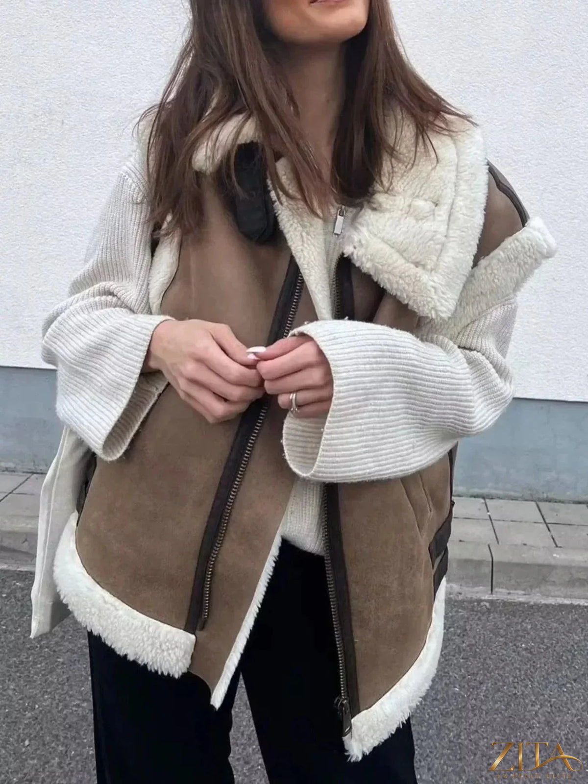 Zita La Belle Elite cozy faux shearling trim vest coat with plush collar and tailored fit, perfect for cold weather.