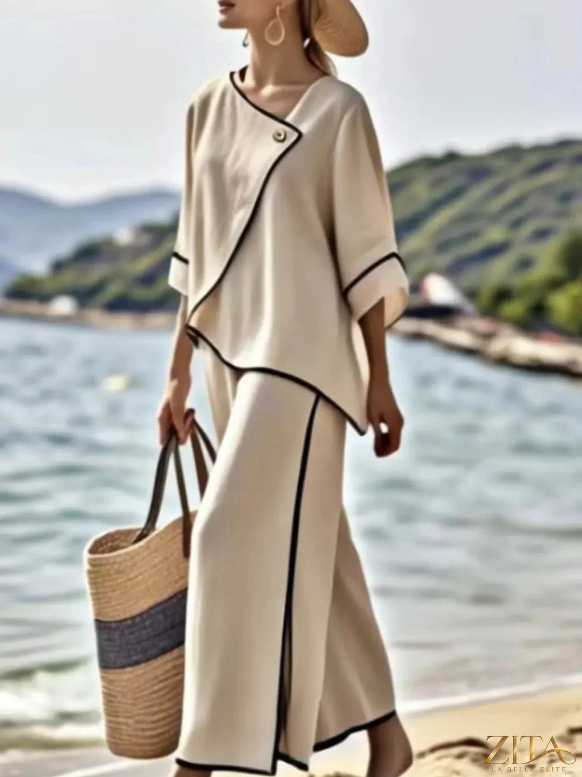Plus size Zita La Belle Elite contrast trim top and wide-leg pants set, featuring a stylish, comfortable matching outfit.