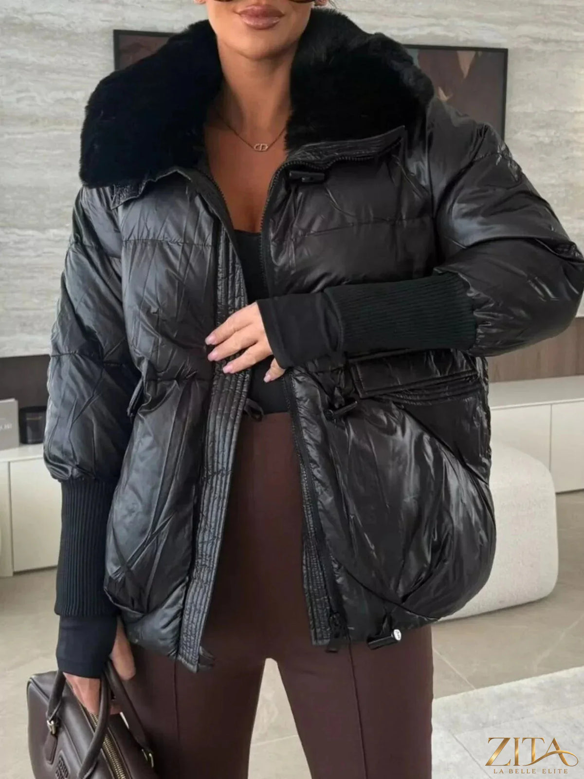 Zita La Belle Elite fur collar padded puffer jacket with quilted design and cozy fur trim, ideal for cold weather.