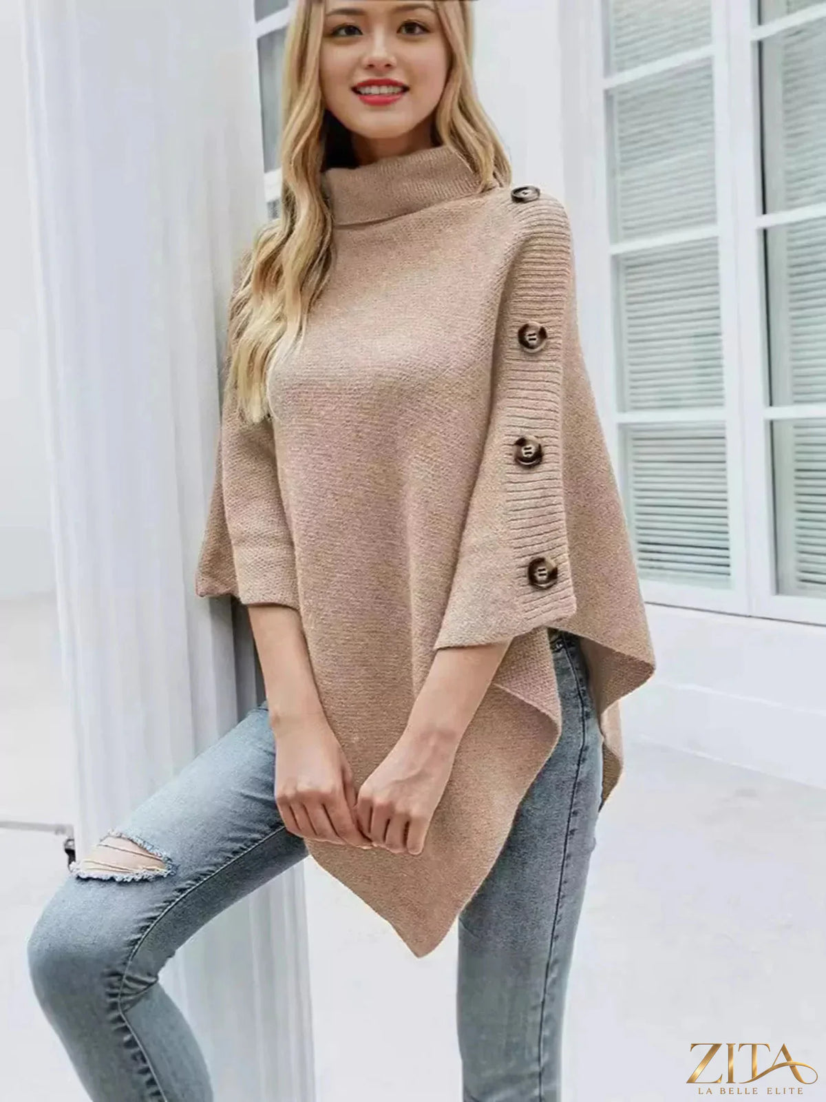Zita La Belle Elite button-decor turtleneck poncho pullover in cozy knit, featuring a high neckline and stylish button details.