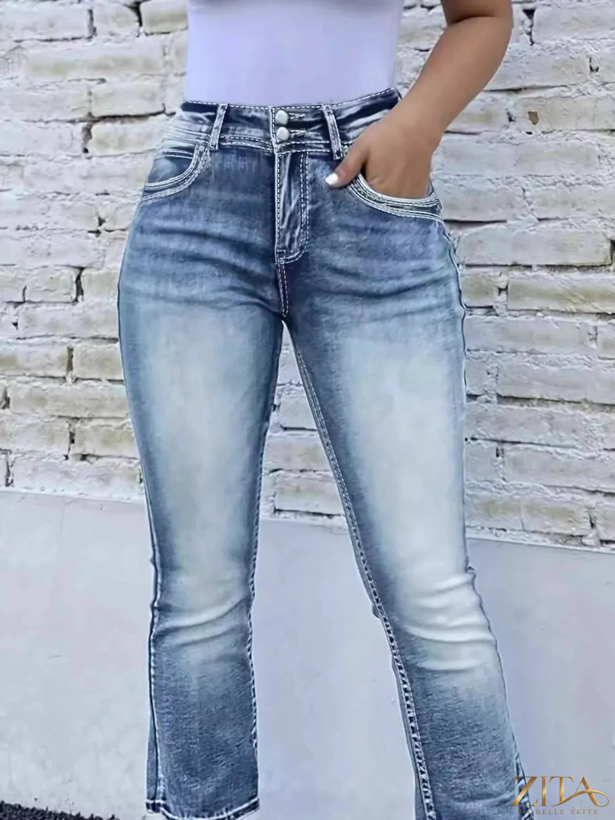 Zita La Belle Elite high waist bootcut jeans showing their fitted waist and flared leg design on a white background.