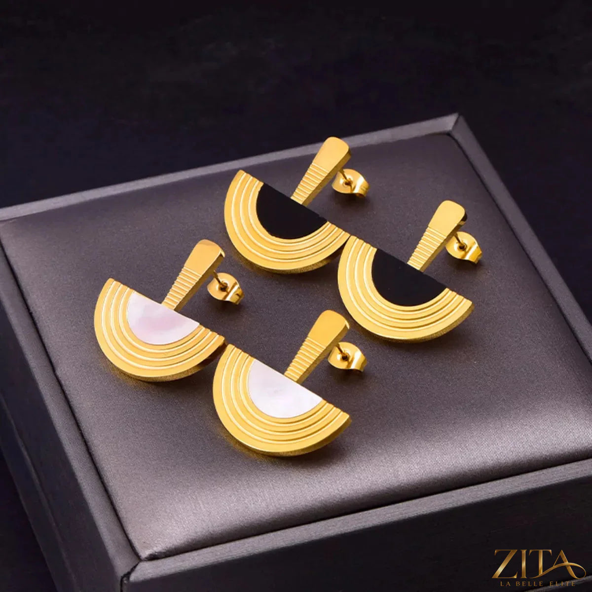18K gold-plated half-circle necklace, ring, and earrings set by Zita La Belle Elite, featuring elegant jewelry with a modern design.