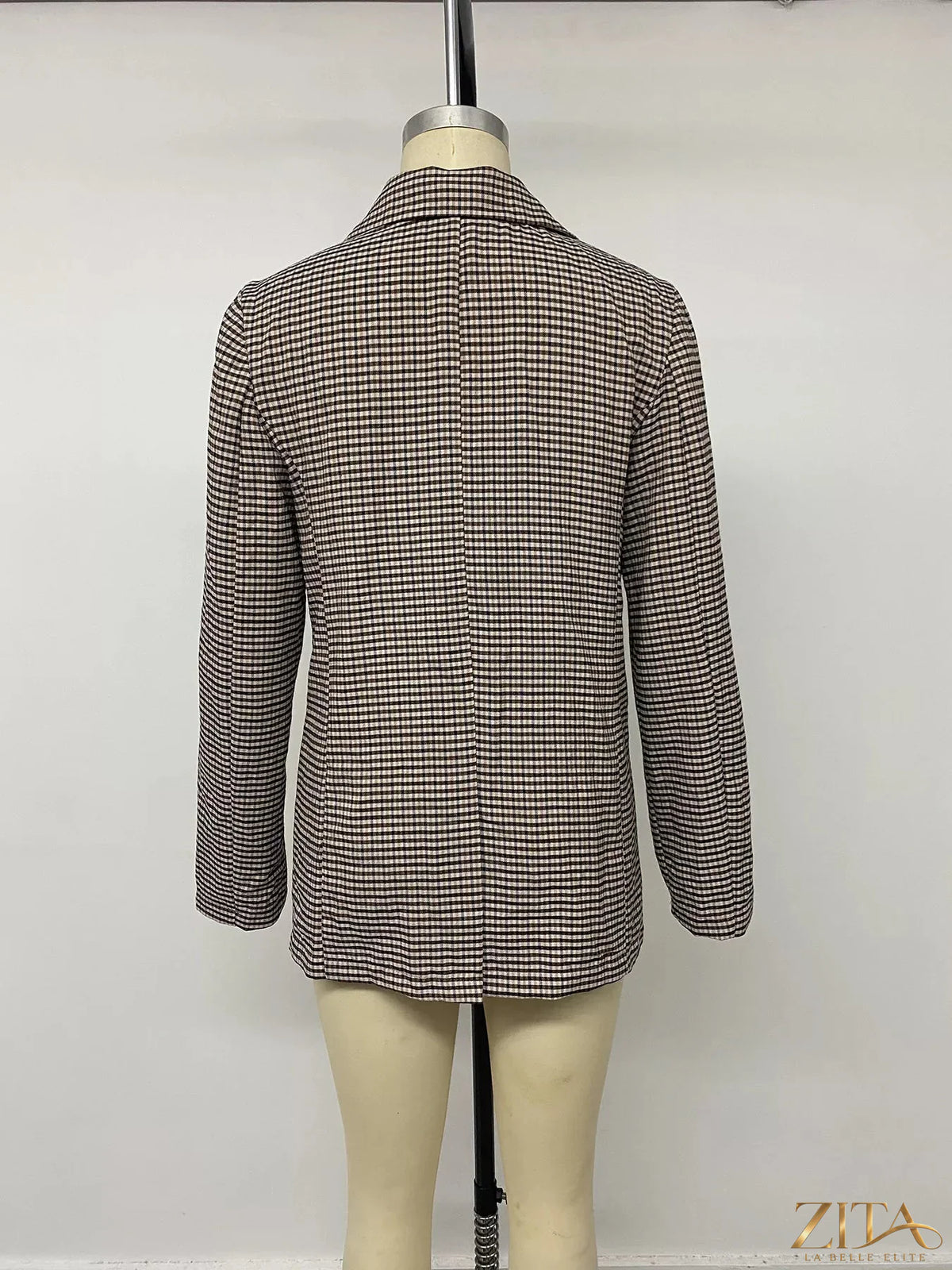 Zita La Belle Elite plaid blazer with lapel collar, double-breasted front, tailored fit, and stylish design.
