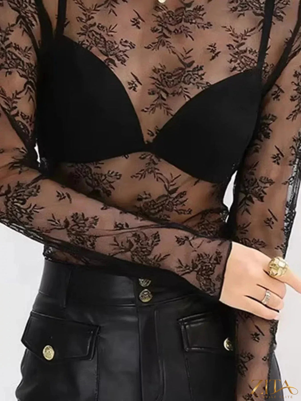 Sheer floral lace mock neck long sleeve blouse by Zita La Belle Elite, featuring intricate lace details and a fitted silhouette.