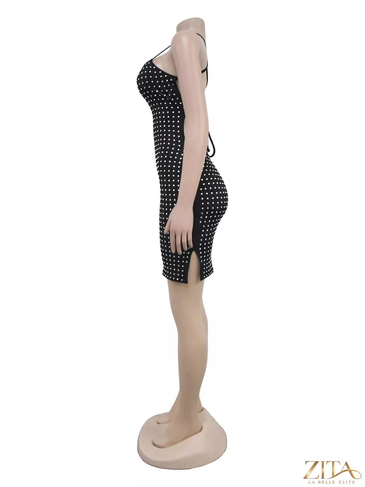 Rhinestone embellished black bodycon mini dress by Trendsi, featuring a fitted silhouette with sparkling rhinestone details.