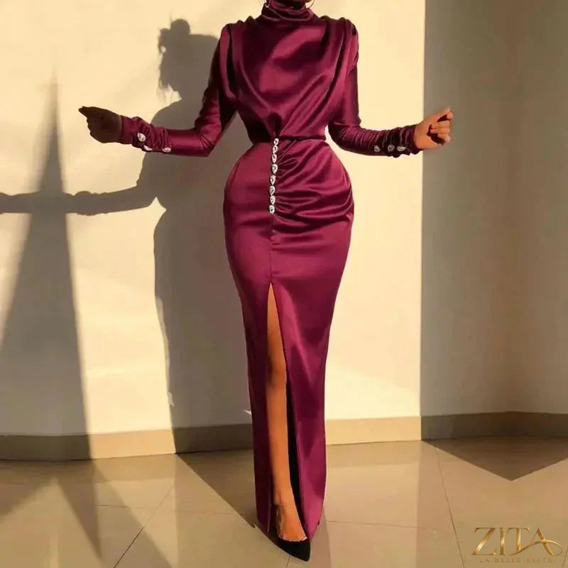 Women’s long sleeve high waist split evening dress by Zita La Belle Elite, showcasing a sexy, elegant design with a fitted silhouette.
