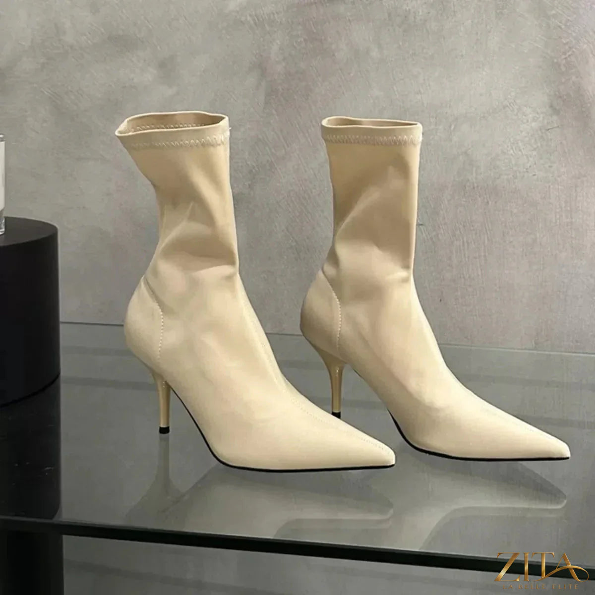 Zita La Belle Elite point toe mid heel boots in black leather with sleek design and stylish silhouette.