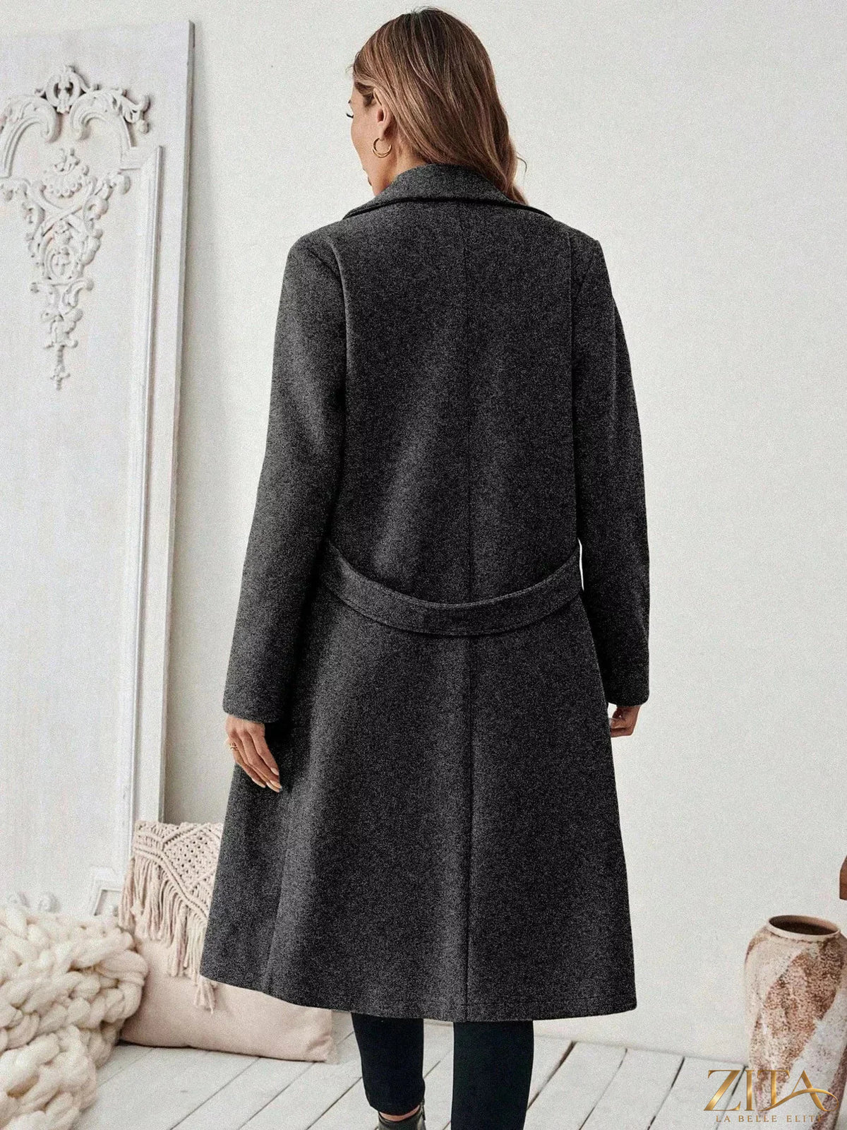 Zita La Belle Elite one-button lapel collar overcoat showing tailored fit and classic design in neutral fabric