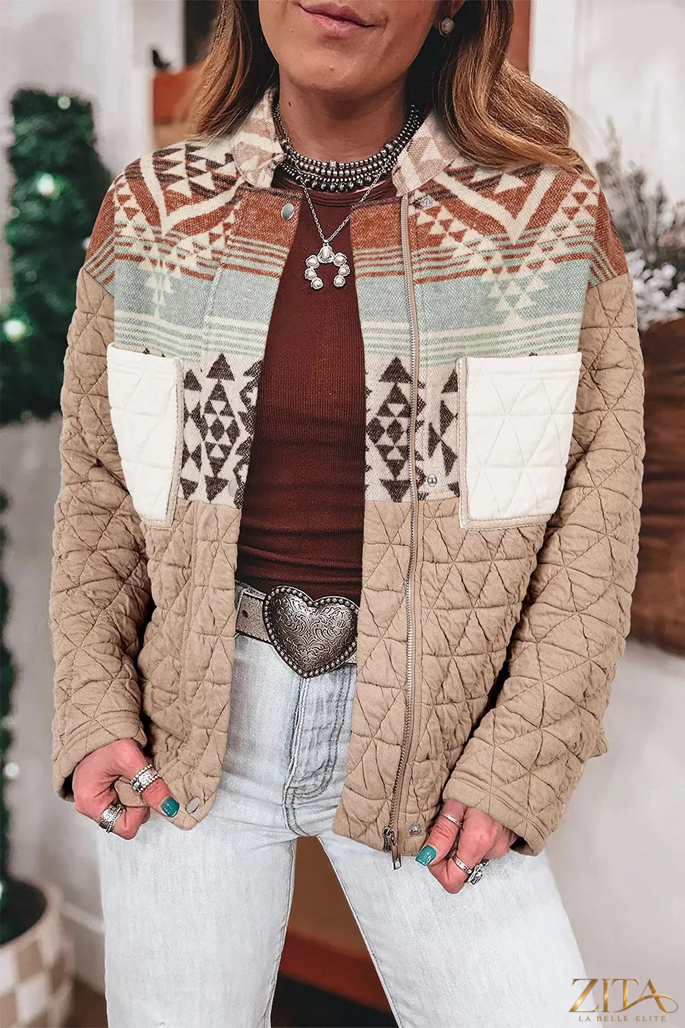 Zita La Belle Elite Aztec quilted patchwork western jacket with colorful geometric patterns and a tailored fit.