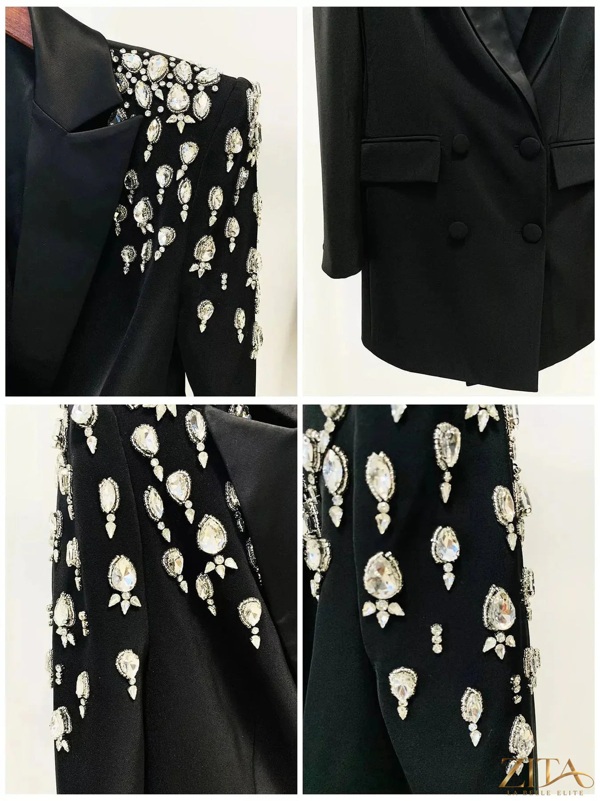 Plus size Zita La Belle Elite rhinestone shoulder double-breasted blazer, full size, featuring sparkle details and tailored fit.