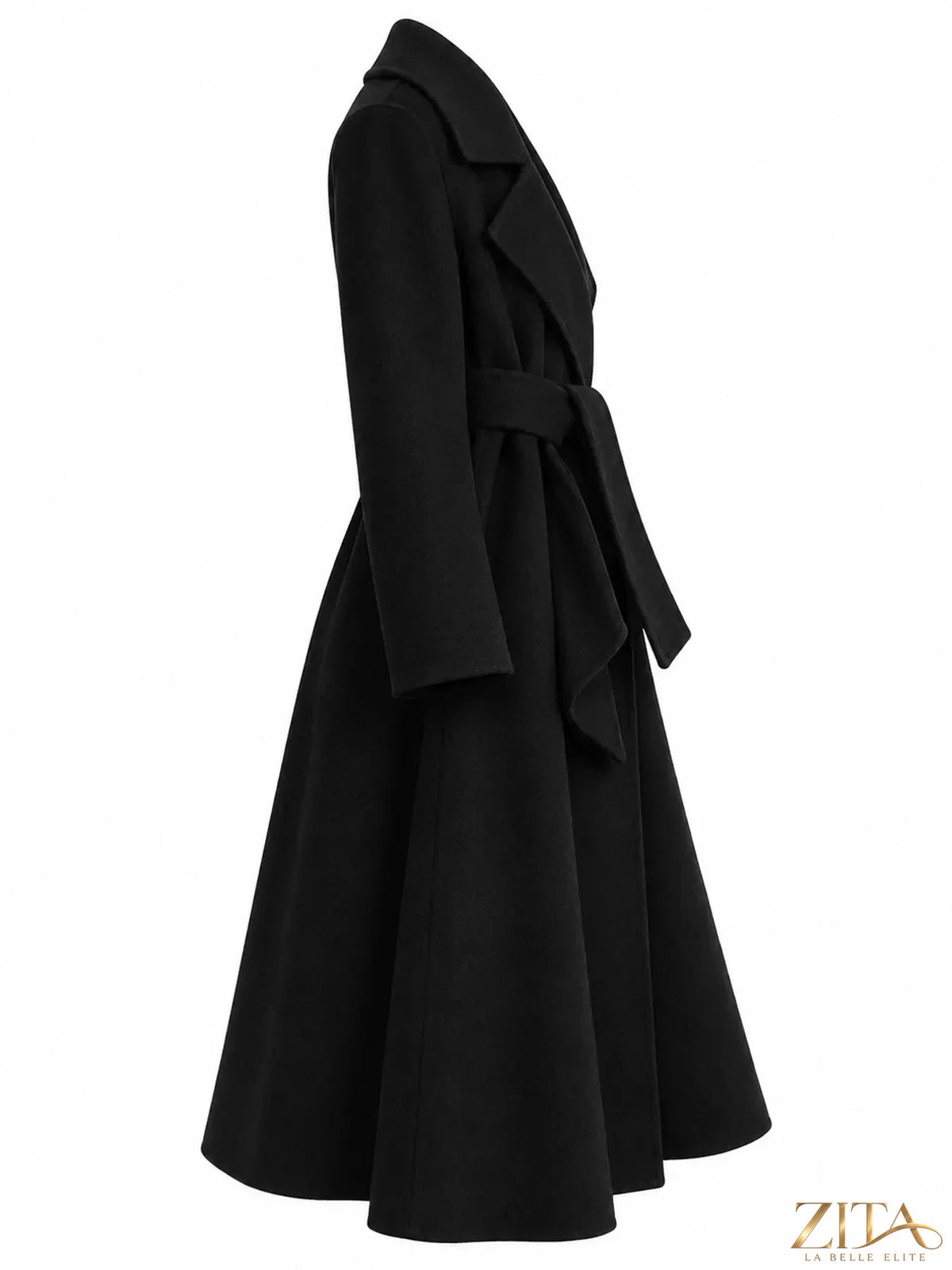 Zita La Belle Elite longline wool coat with waist belt, stylish winter outerwear, soft fabric and tailored fit.