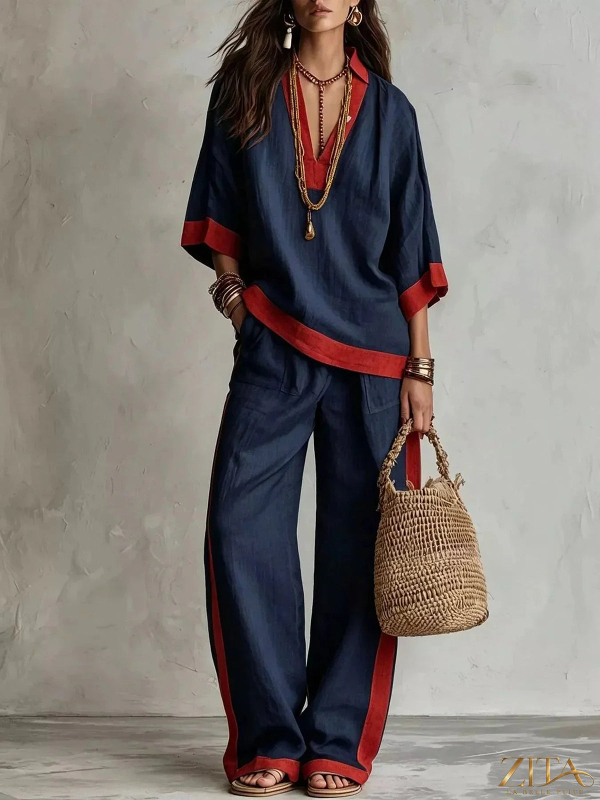 Plus size contrast trim top and wide-leg pants set by Zita La Belle Elite, featuring a coordinated stylish outfit with bold details.