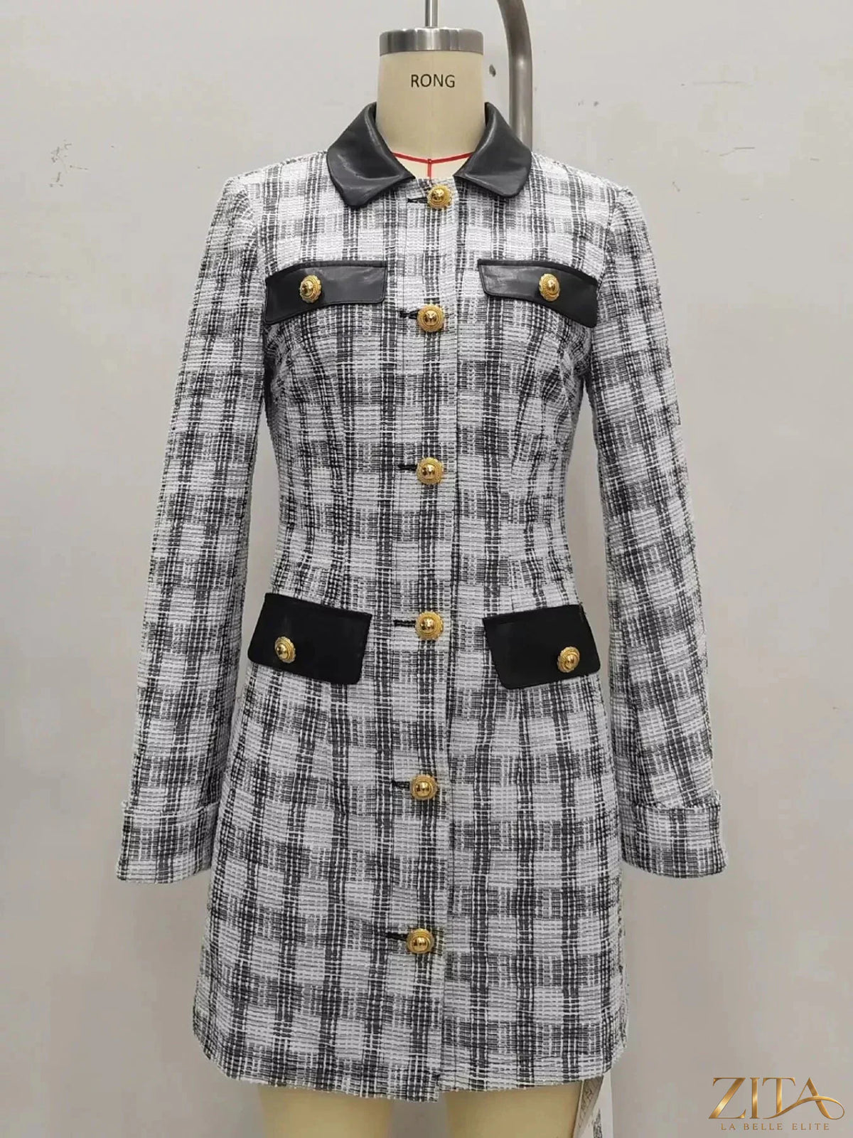 Zita La Belle Elite long sleeve plaid tweed button-down mini dress with a fitted silhouette and classic collar, shown on a model.