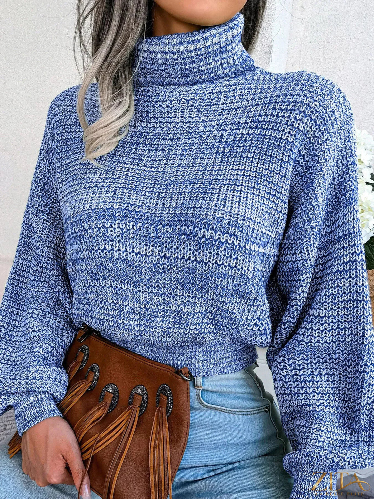 Trendsi turtleneck dropped shoulder sweater in soft fabric, featuring a relaxed fit and cozy design, shown in a neutral color.