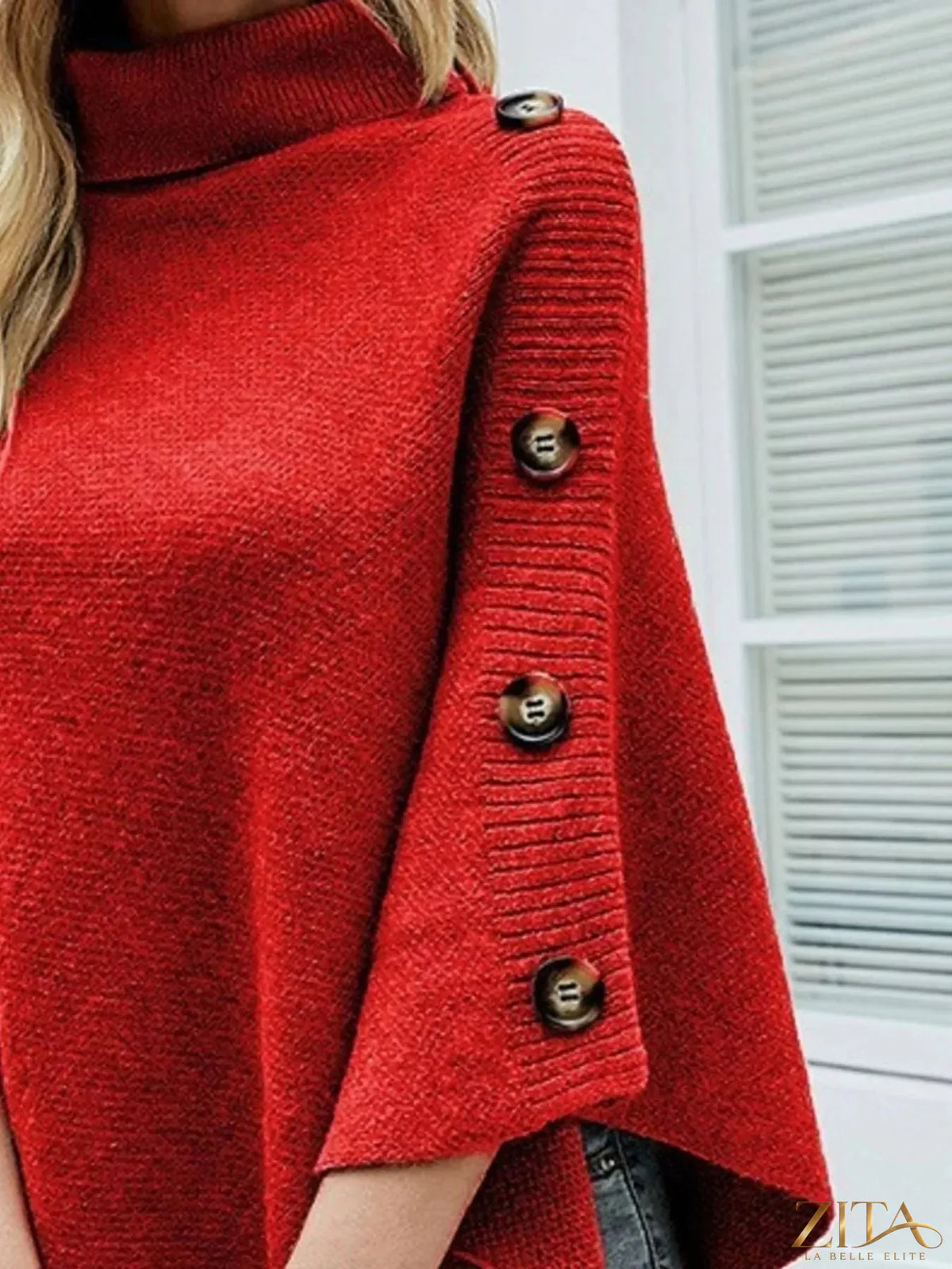 Zita La Belle Elite button-decor turtleneck poncho pullover in cozy knit fabric, featuring a stylish button detail at the neckline.