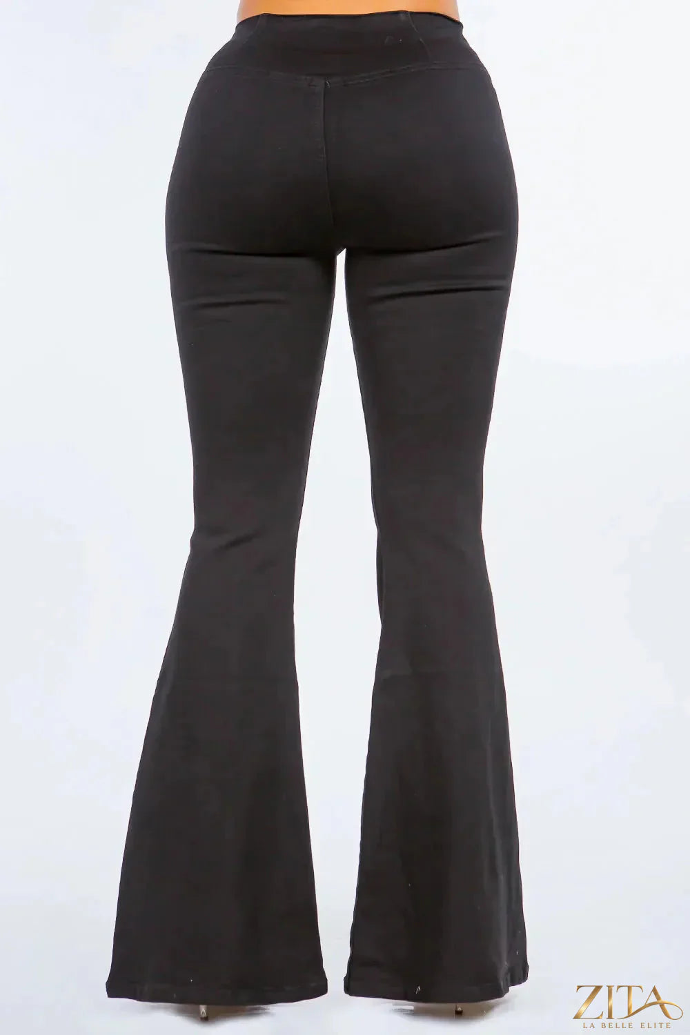 Zita La Belle Elite American Bazi high waist pull-on flare jeans with fitted waist and flared legs, shown on a model.