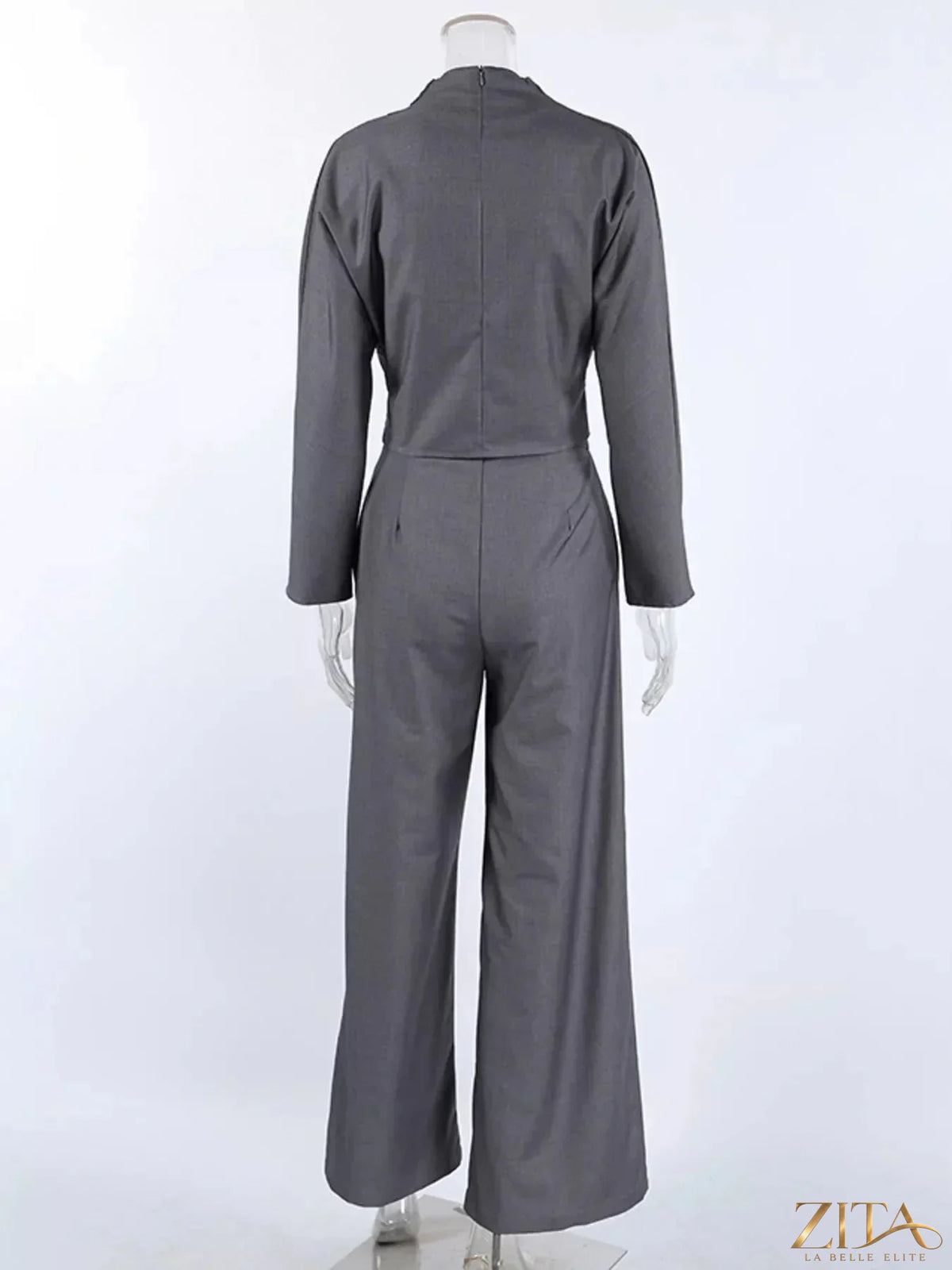 Zita La Belle Elite draped crop top and wide-leg pants set, stylish and comfortable outfit, shown in a modern fashion photograph.