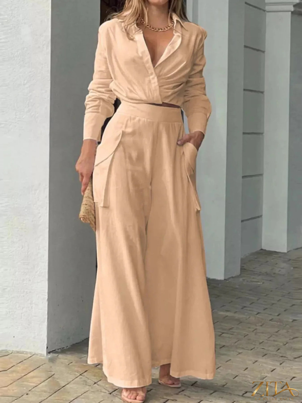 Zita La Belle Elite long sleeve shirt and wide leg pants set, stylish and comfortable, shown in a coordinated fashion.