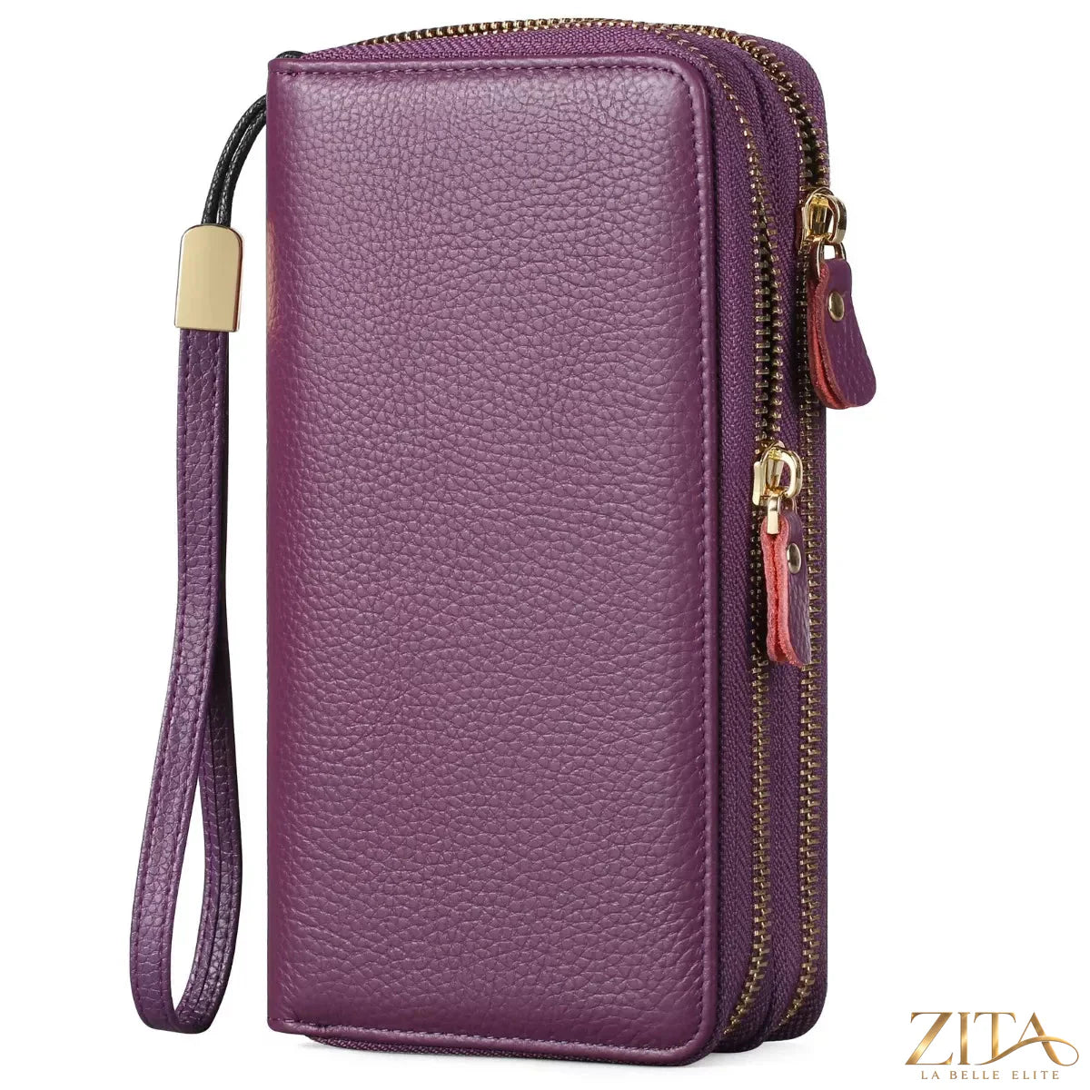 Trendsi double zipper leather wallet with multiple card slots and a sleek design, shown in black leather.
