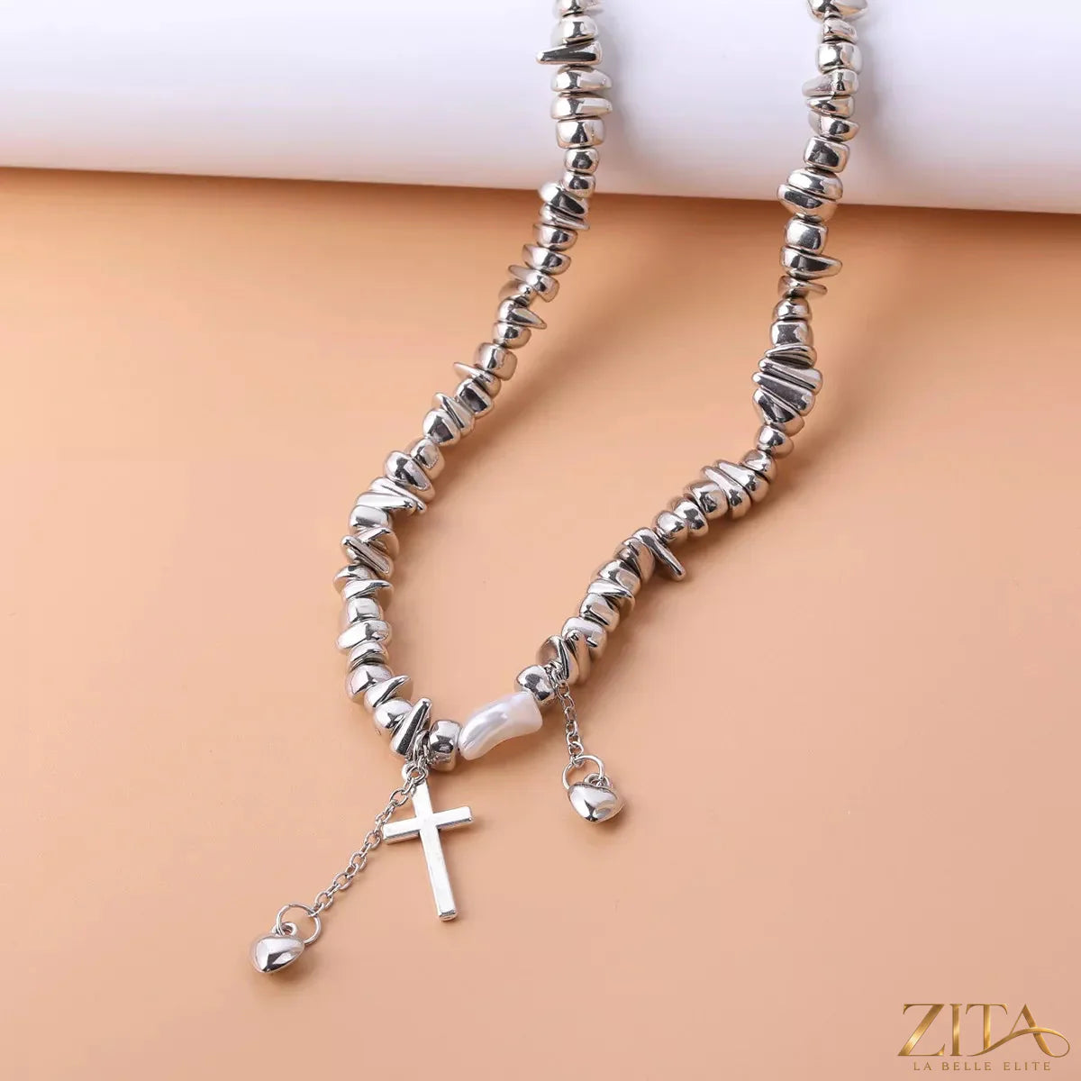 Zita La Belle Elite chunky chain cross pendant necklace with bold metal links and a prominent cross charm, stylish jewelry accessory.