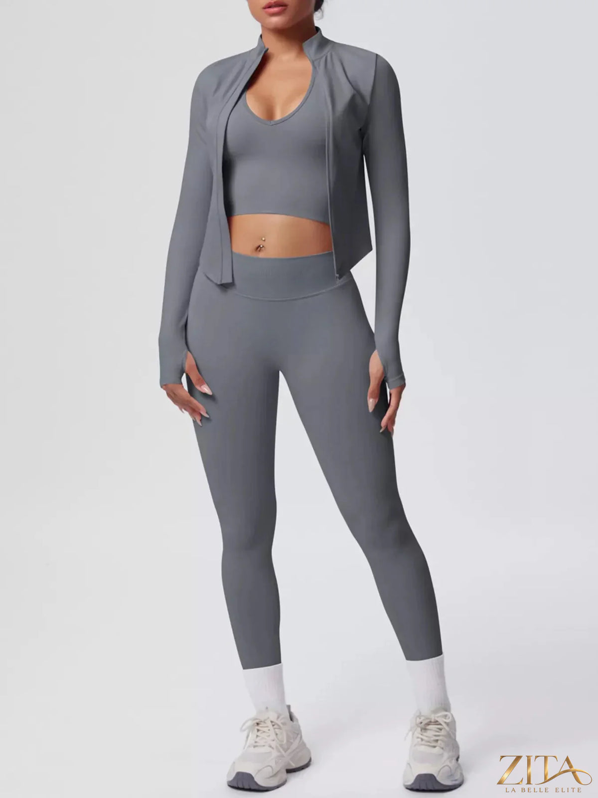 Zita La Belle Elite three-piece active set with tank top, zip-up jacket, and leggings for workout or athletic wear.