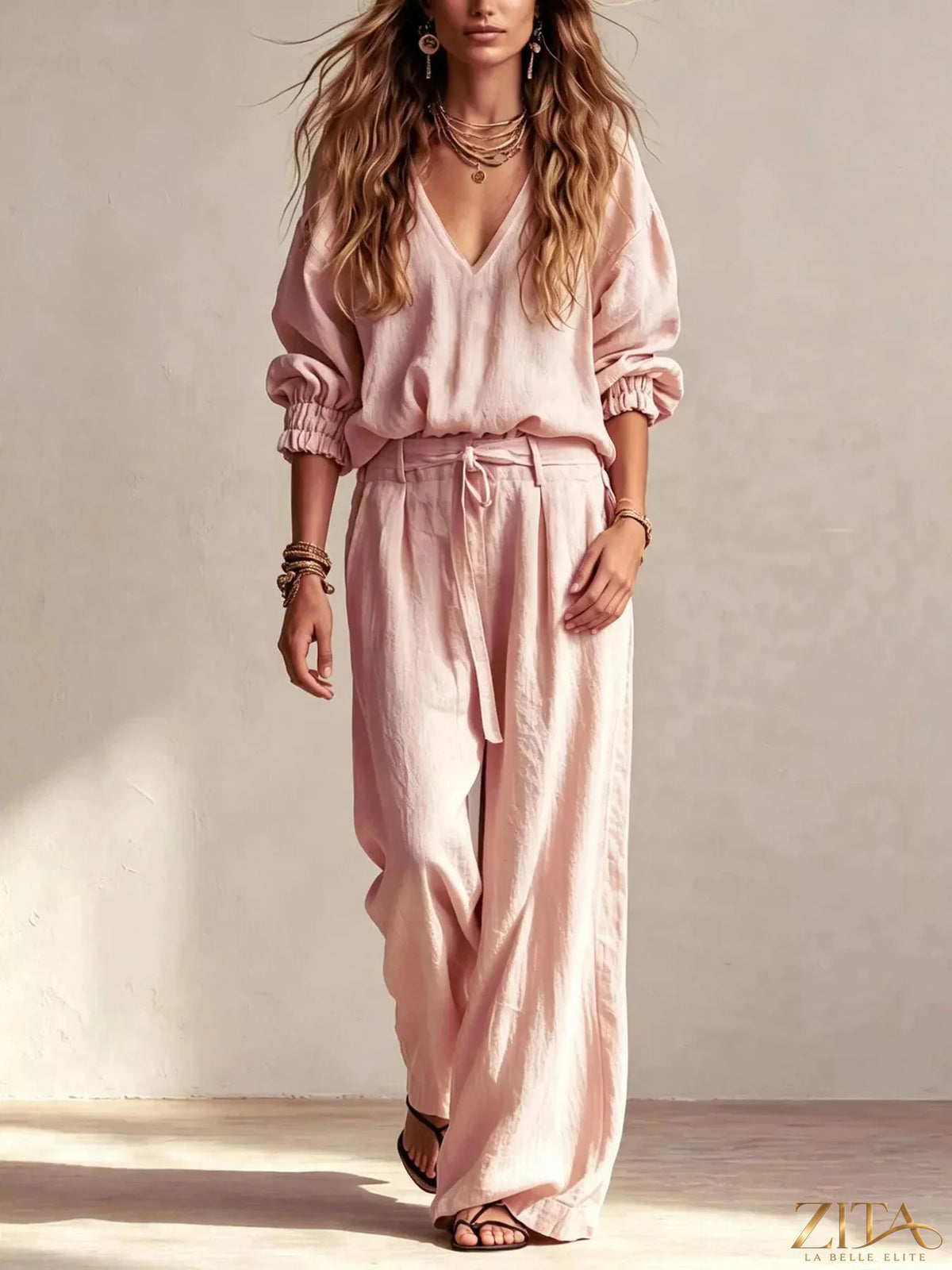 Zita La Belle Elite V-neck top and wide-leg pants set, stylish and comfortable matching outfit, displayed on a model.