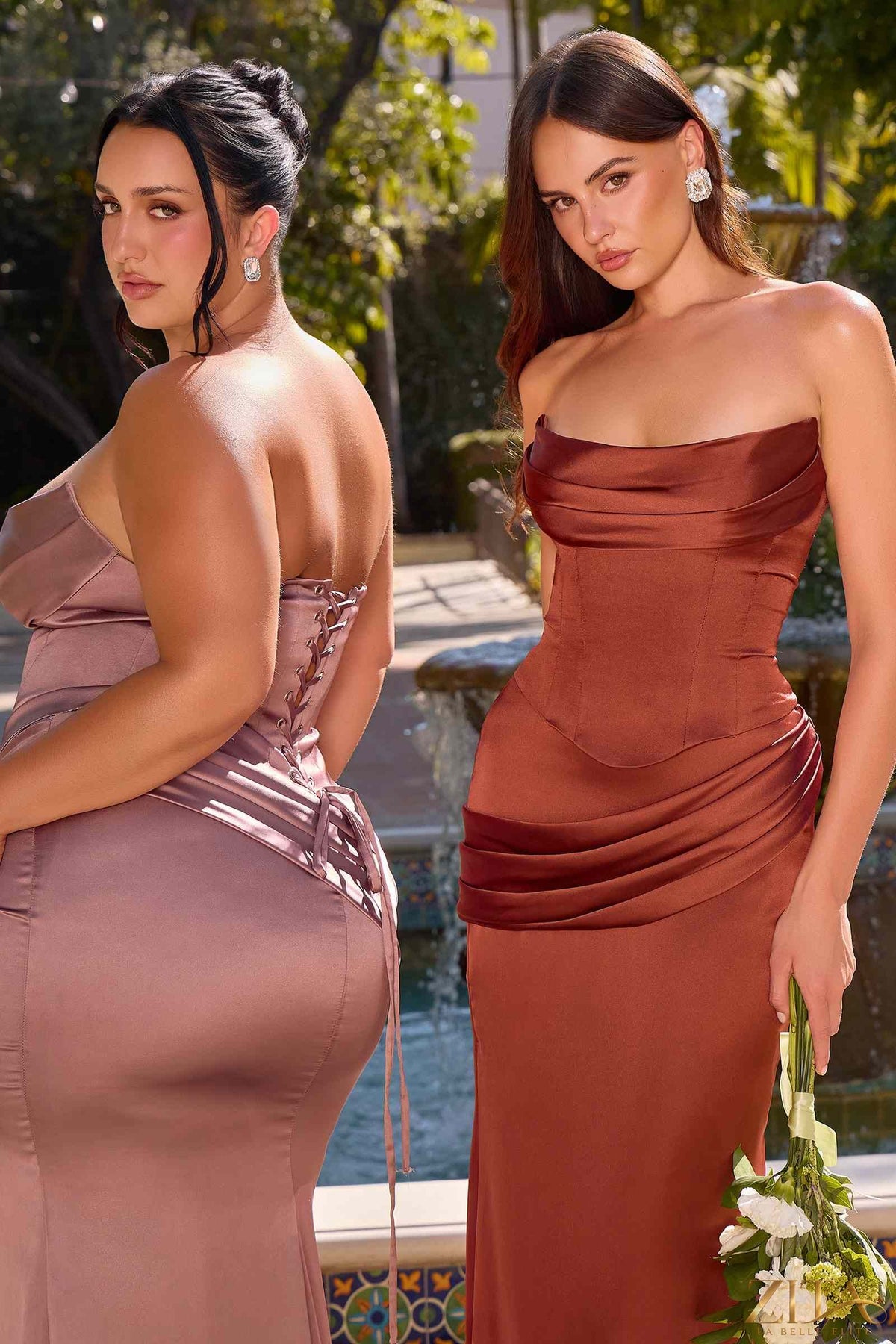 Elegant rosewood satin strapless two-piece fitted gown by Zita La Belle Elite, shown in a sleek dress design.
