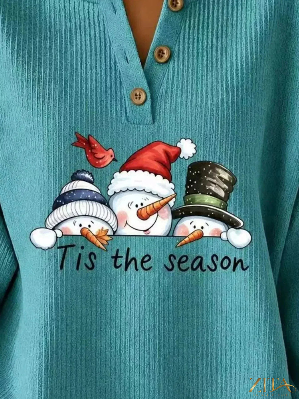 Plus size snowman graphic ribbed henley sweatshirt by Zita La Belle Elite, featuring a cozy knit design and festive winter print.