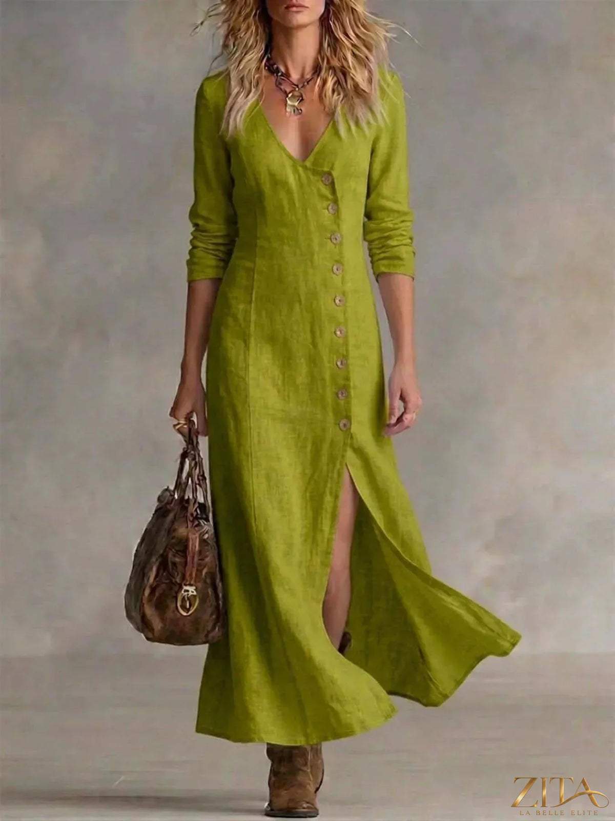 Zita La Belle Elite slit button-down midi dress in flowing fabric, featuring a front slit and classic collar design.